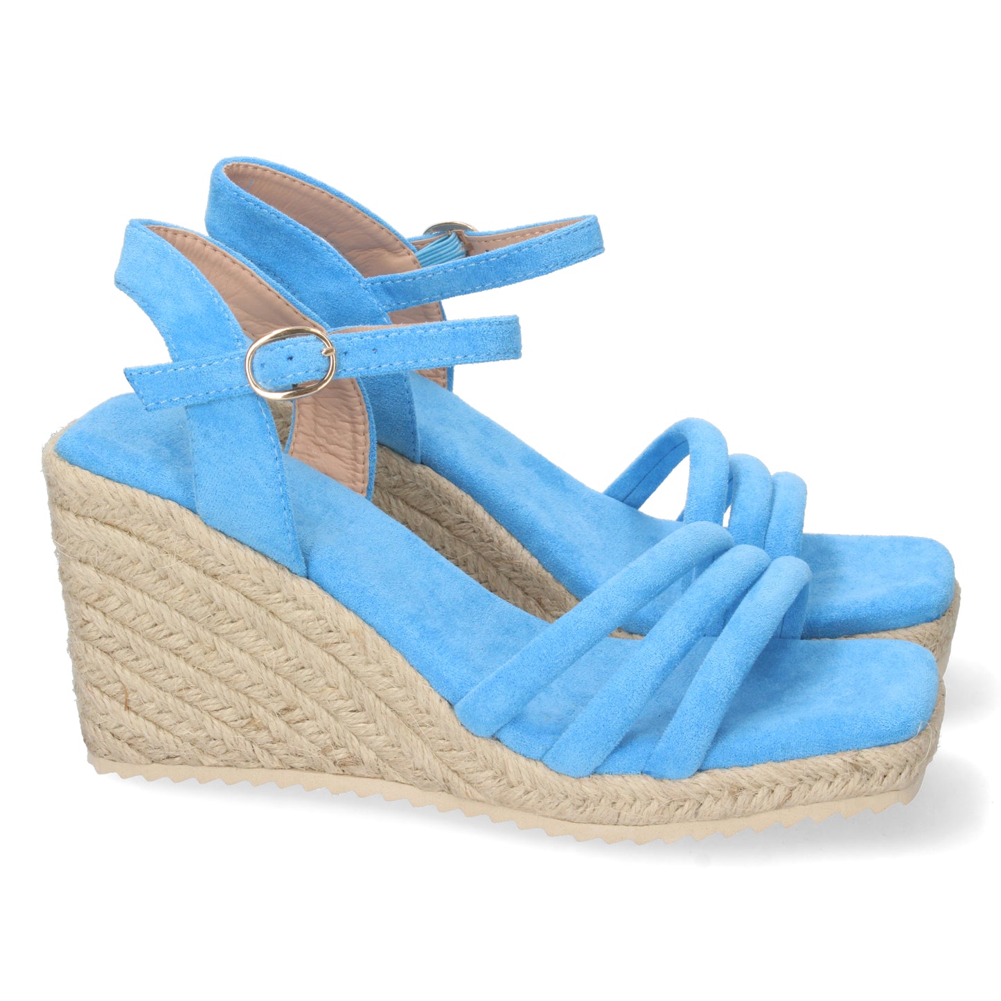 CyrenaStyle Blue Breeze – Sandalia Azul Celeste de Cuña para Mujer con Triple Pala, Yute Natural y Hebilla | Primavera-Verano