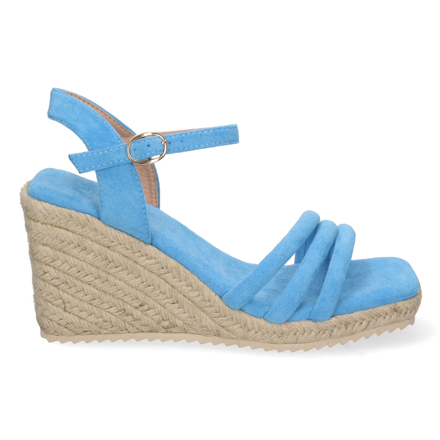 CyrenaStyle Blue Breeze – Sandalia Azul Celeste de Cuña para Mujer con Triple Pala, Yute Natural y Hebilla | Primavera-Verano