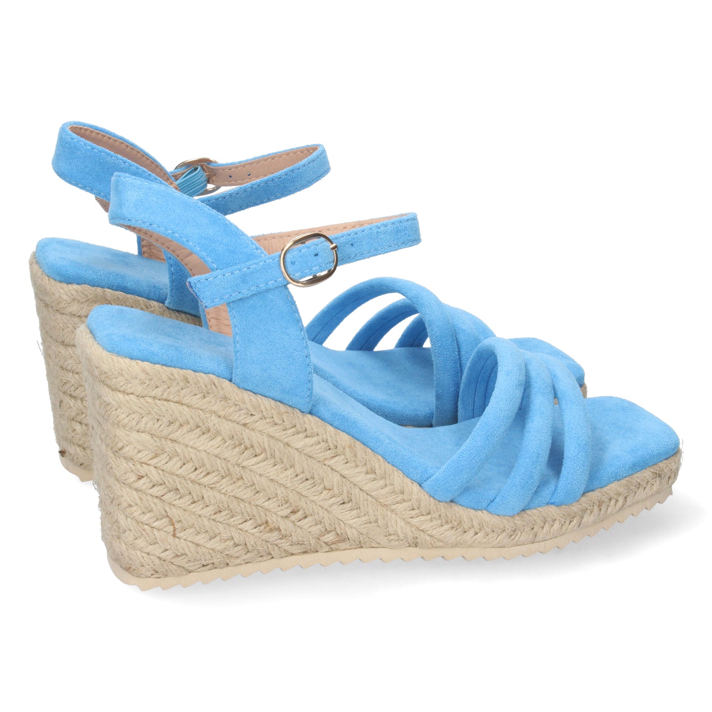 CyrenaStyle Blue Breeze – Sandalia Azul Celeste de Cuña para Mujer con Triple Pala, Yute Natural y Hebilla | Primavera-Verano