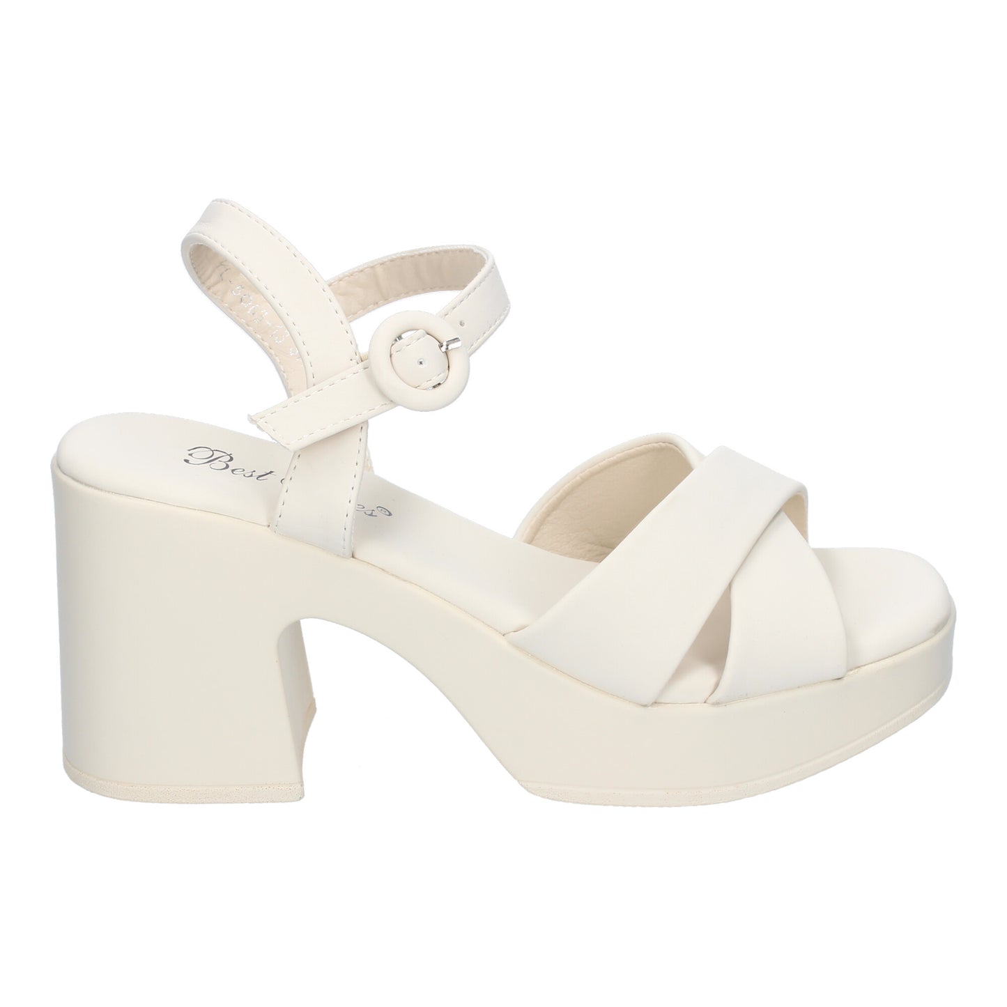 Cyrena Beige Cross – Sandalia Beige de Tacón con Tiras Cruzadas y Hebilla Ajustable para Mujer