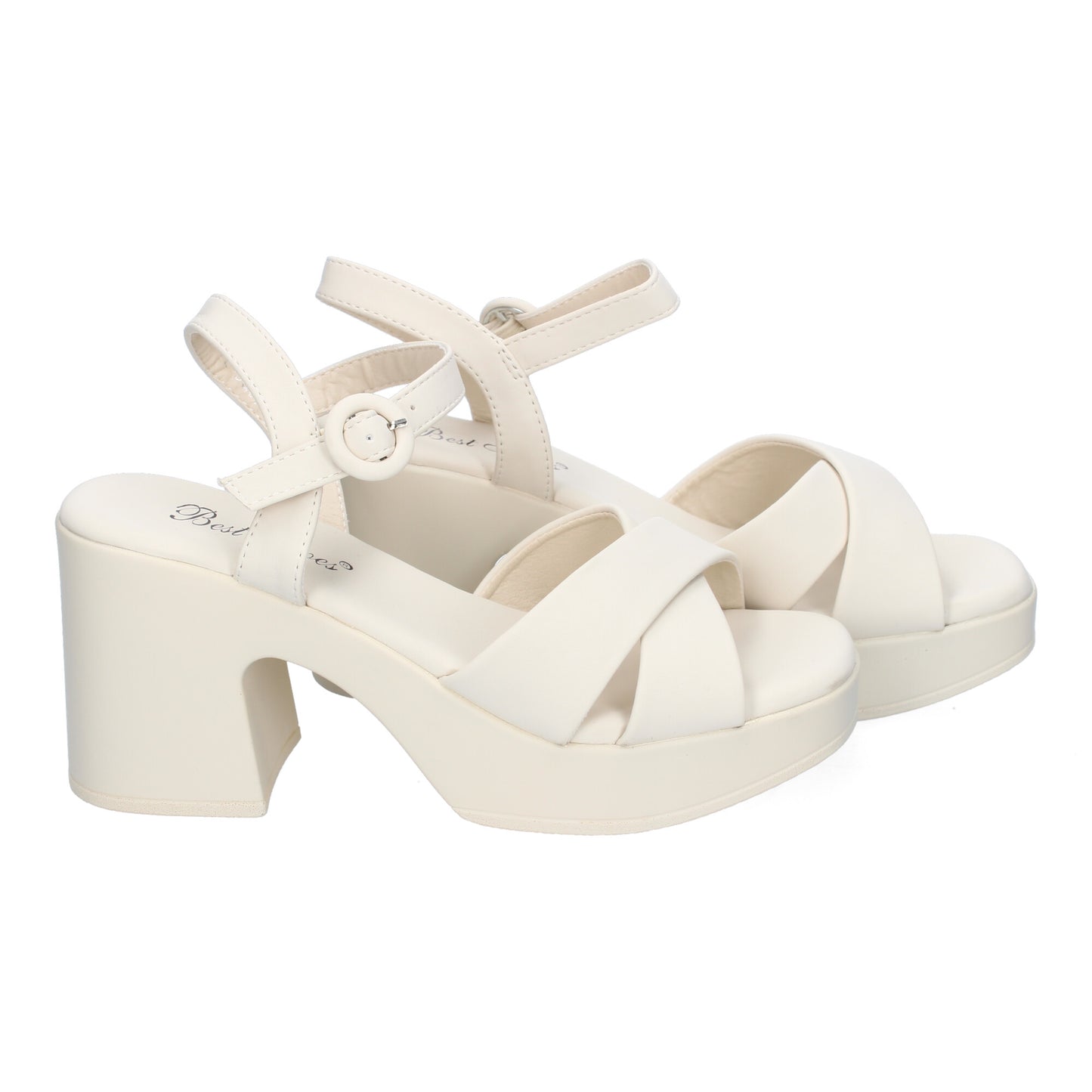 Cyrena Beige Cross – Sandalia Beige de Tacón con Tiras Cruzadas y Hebilla Ajustable para Mujer