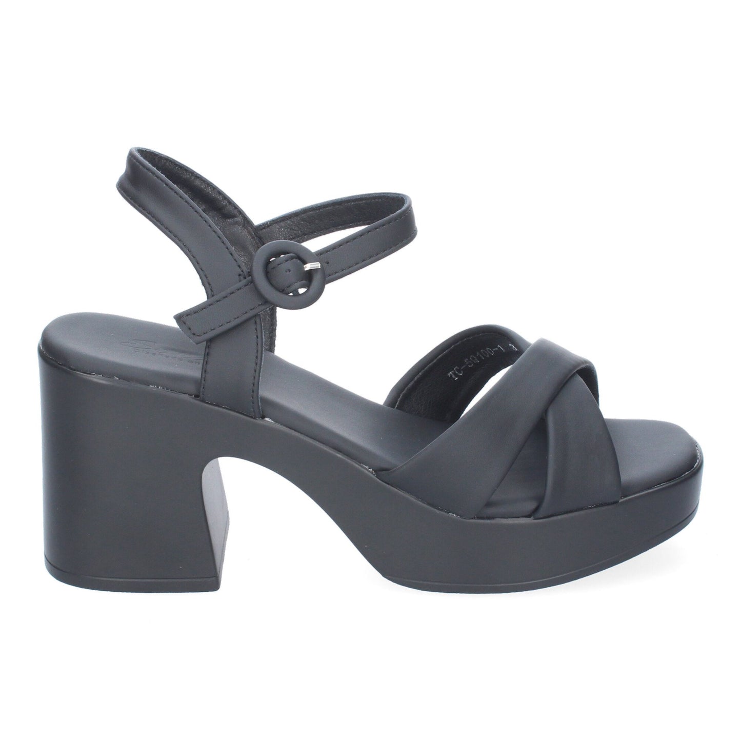Cyrena Black Chic – Sandalia Negra de Tacón con Tiras Cruzadas y Cierre de Hebilla