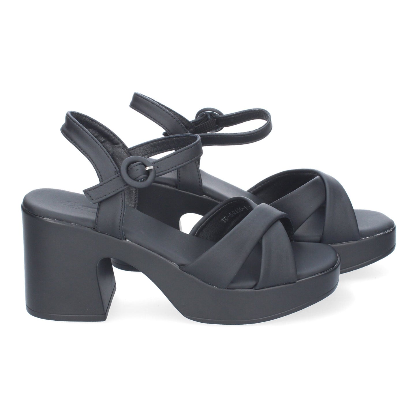Cyrena Black Chic – Sandalia Negra de Tacón con Tiras Cruzadas y Cierre de Hebilla
