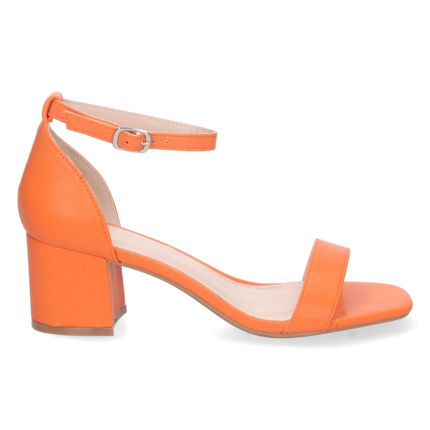 Cyrena Orange Strap – Sandalia Naranja Ankle Strap de Tacón Cómodo con Pala Fina y Hebilla para Mujer