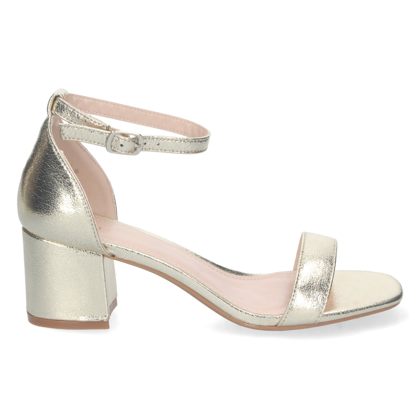 Cyrena Gold Strap – Sandalia Oro Ankle Strap de Tacón Cómodo con Pala Fina y Hebilla para Mujer
