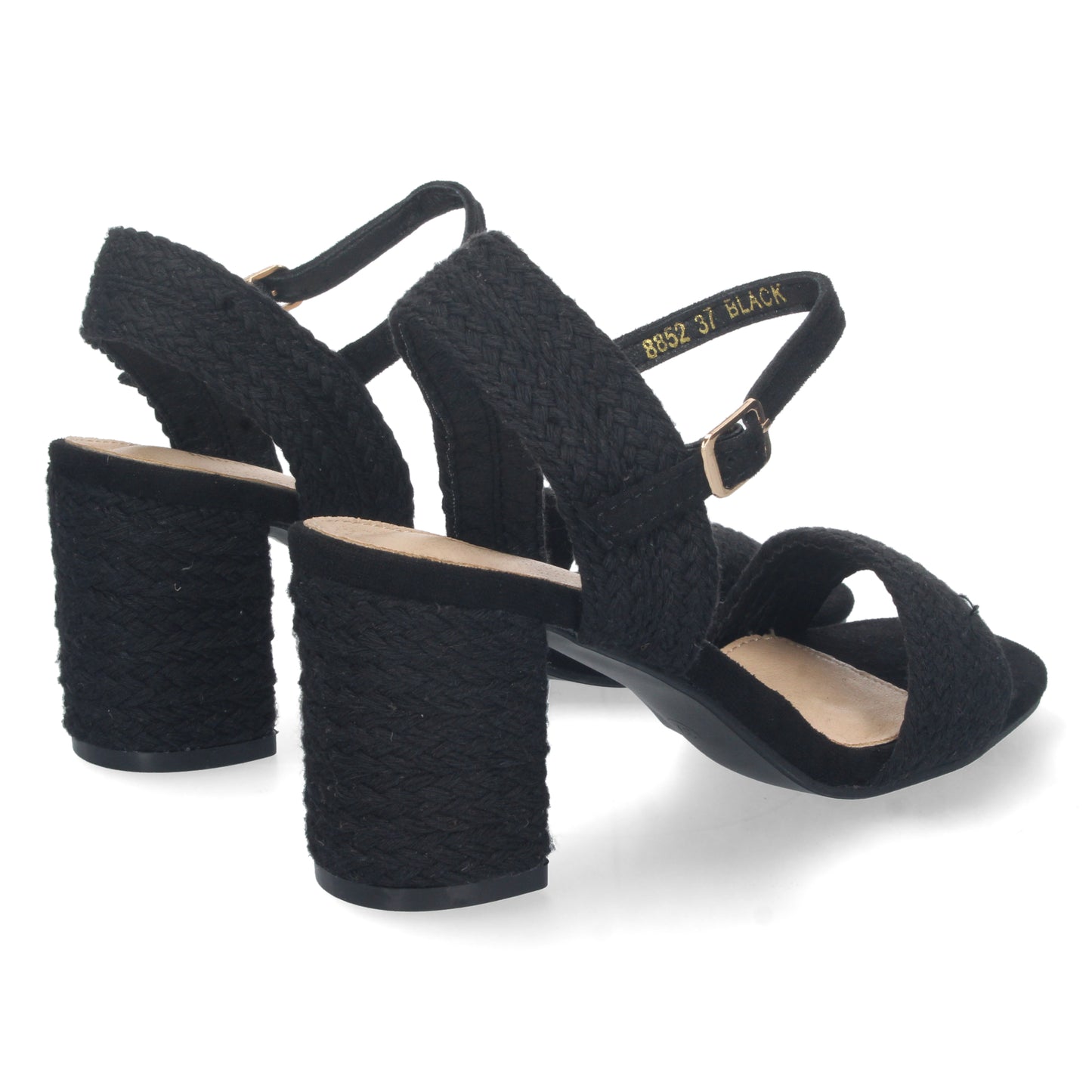 Cyrena Noir Luxe – Sandalia Negra de Tacón Medio para Mujer con Forrado de Yute y Pala Fina