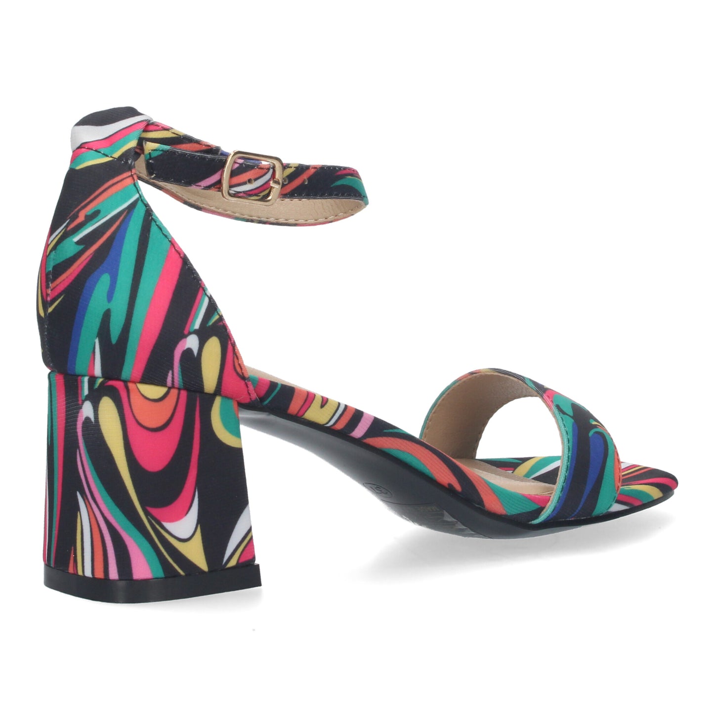 Cyrena Blue Spectrum – Sandalia Azul de Tacón con Pala Fina y Estampado Multicolor