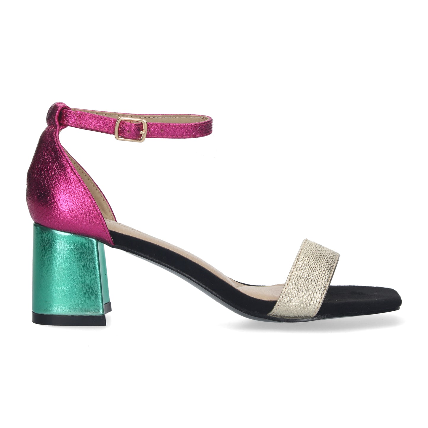 Cyrena Multicolor Chic – Sandalia de Tacón con Estampado Multicolor y Cierre Ankle Strap de Hebilla