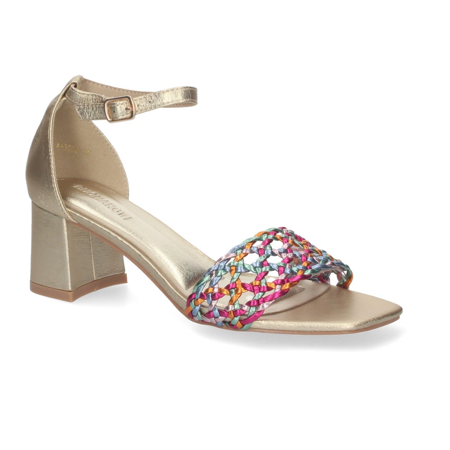 Cyrena Multicolor Flair – Sandalia Multicolor de Tacón con Adorno y Ankle Strap de Hebilla