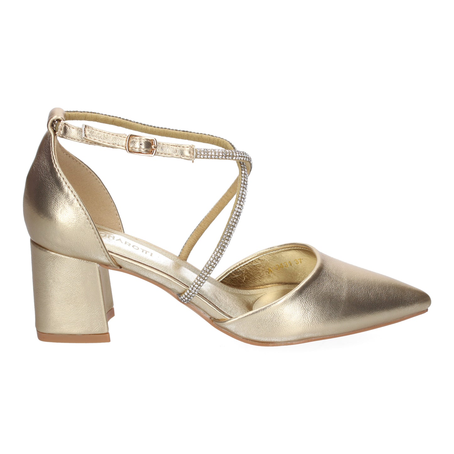 Cyrena Gold Shine – Sandalia Oro Brillante de Tacón Cómodo con Tiras Brillantes y Hebilla para Mujer