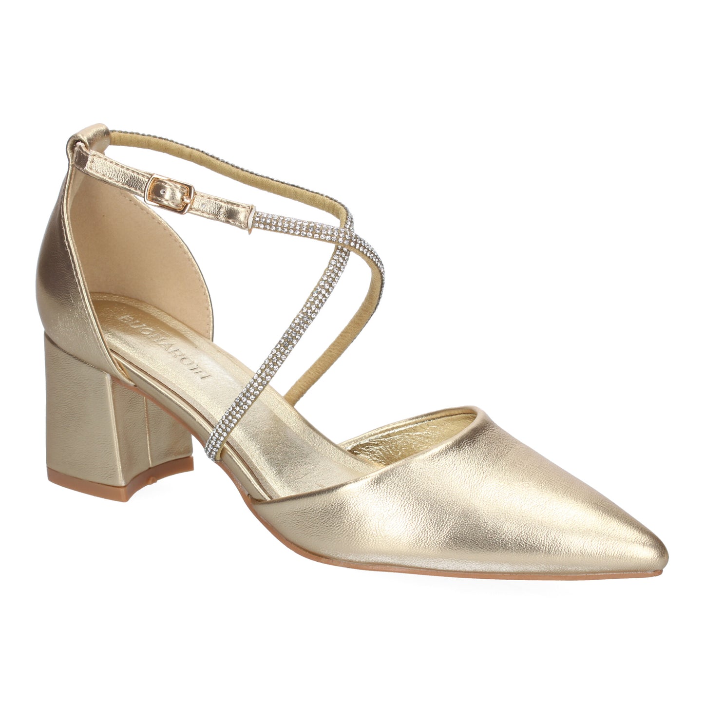 Cyrena Gold Shine – Sandalia Oro Brillante de Tacón Cómodo con Tiras Brillantes y Hebilla para Mujer