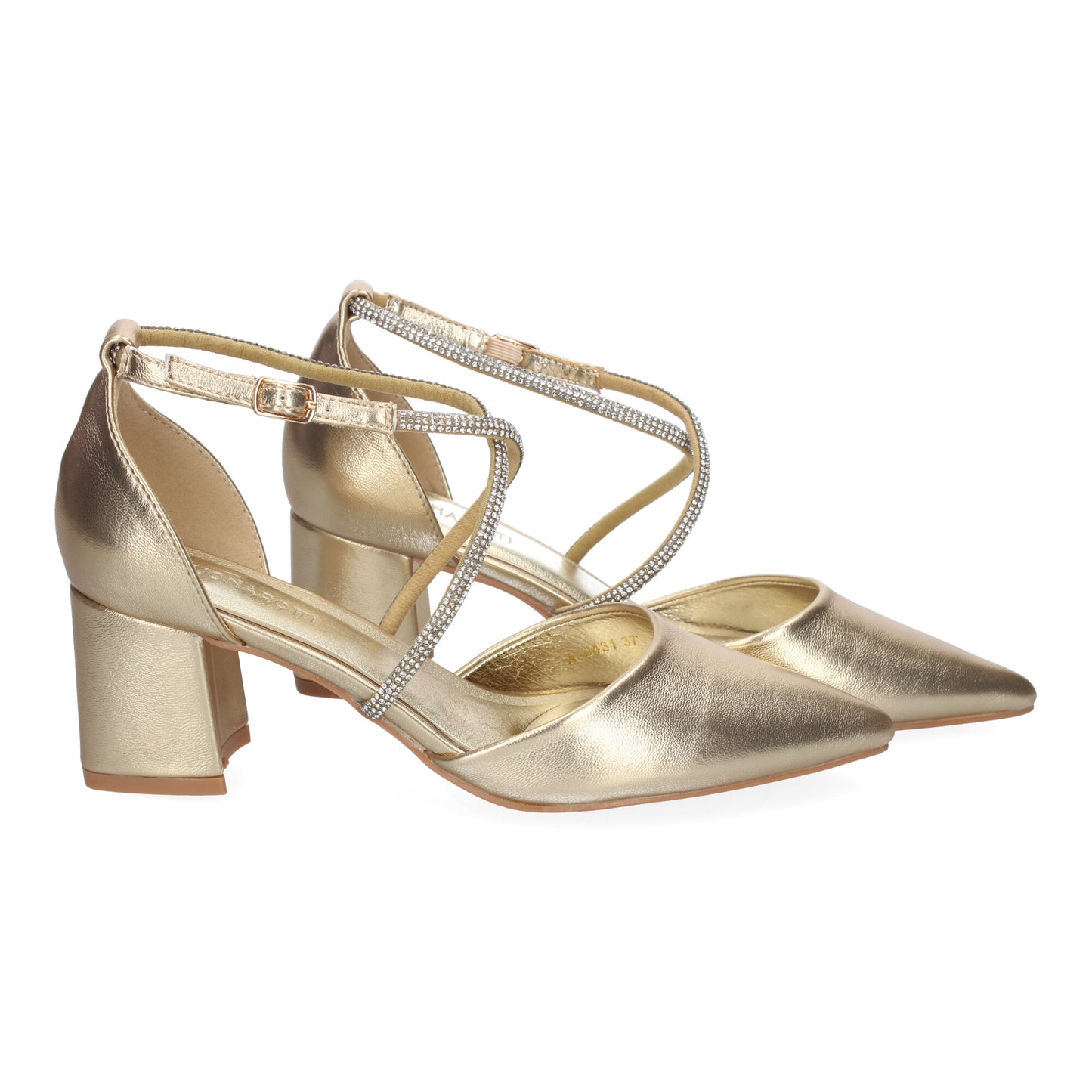 Cyrena Gold Shine – Sandalia Oro Brillante de Tacón Cómodo con Tiras Brillantes y Hebilla para Mujer