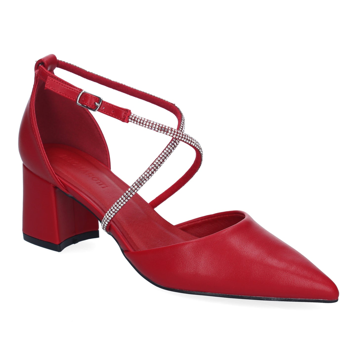 Cyrena Red Glow – Sandalia Roja Brillante de Tacón Cómodo con Tiras Brillantes y Hebilla para Mujerrano Cyrena