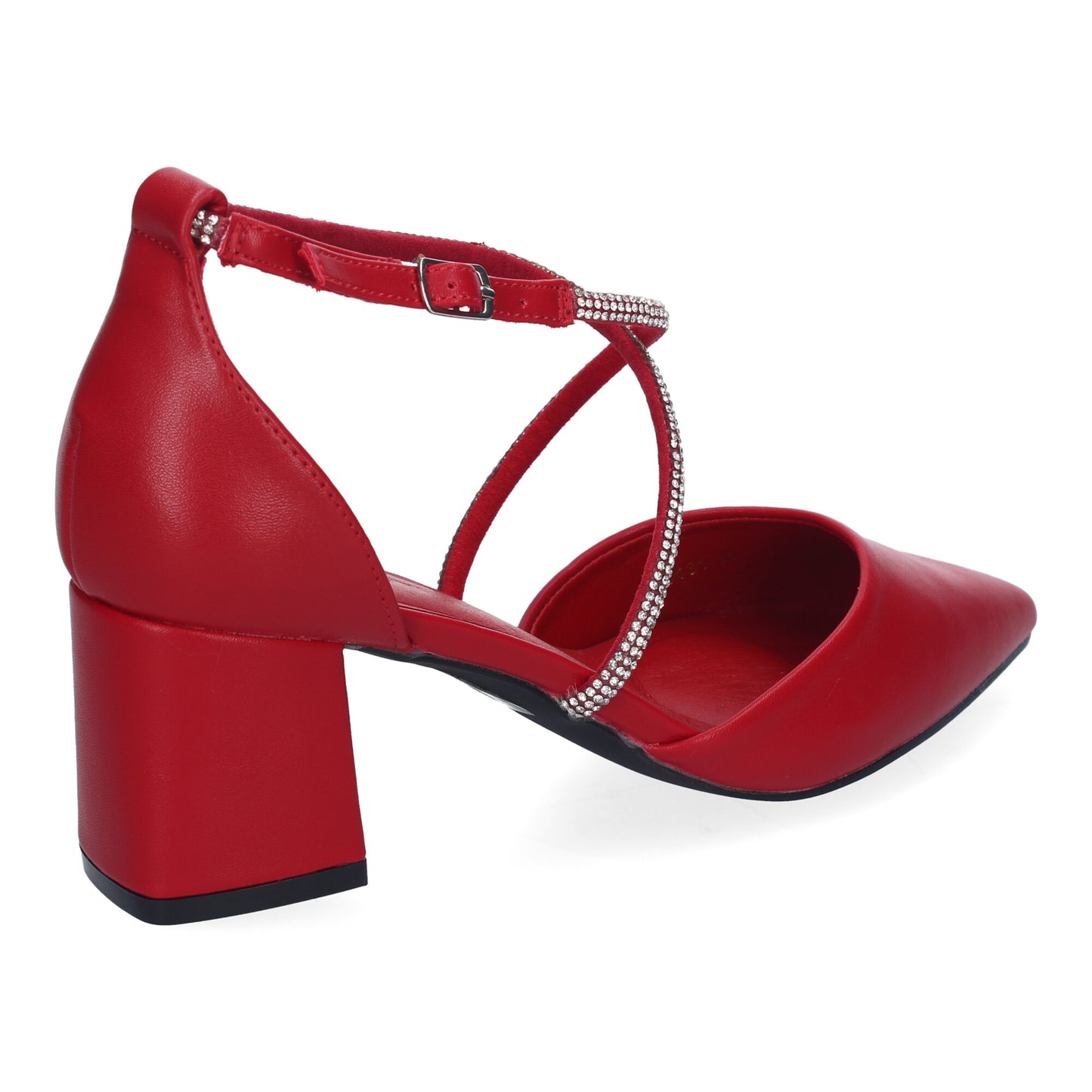 Cyrena Red Glow – Sandalia Roja Brillante de Tacón Cómodo con Tiras Brillantes y Hebilla para Mujerrano Cyrena