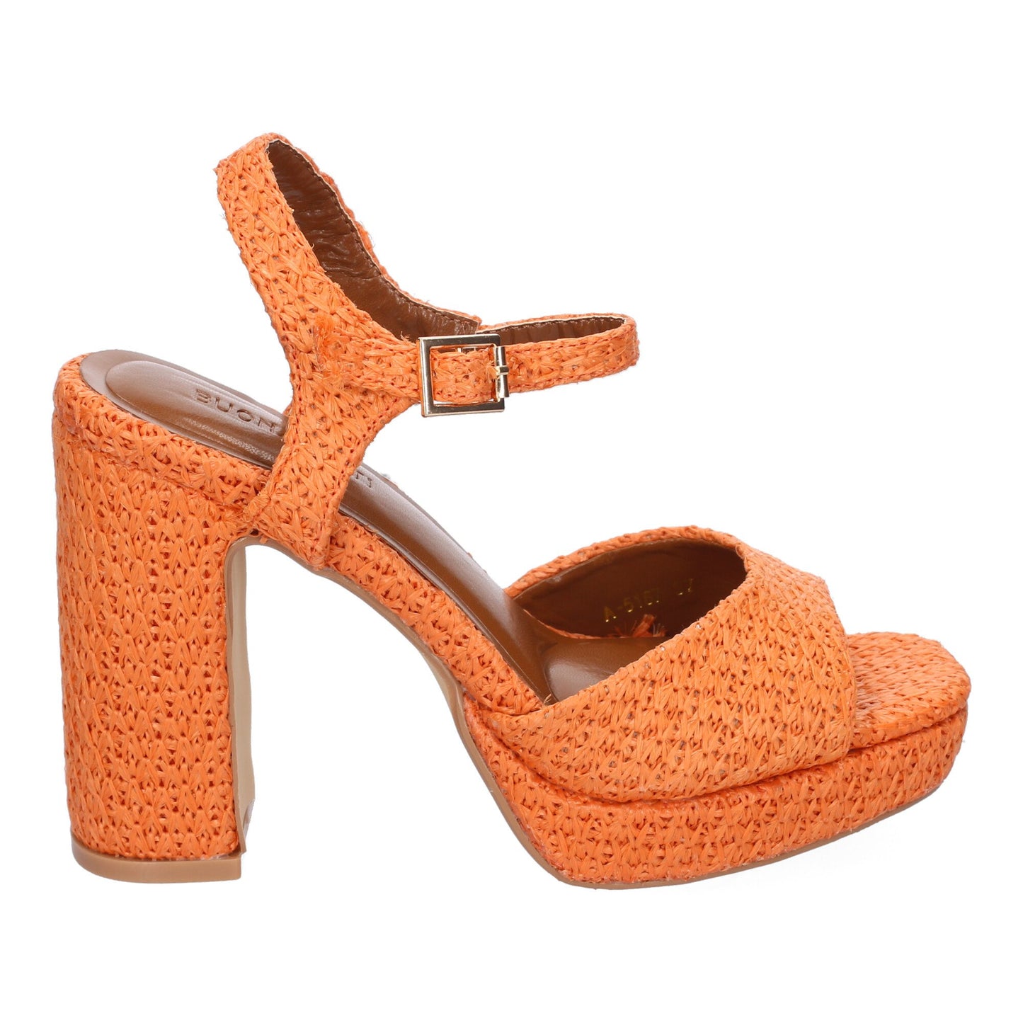 Cyrena Orange Glow – Sandalia Naranja de Tacón para Mujer con Pala Abierta y Cierre de Hebilla