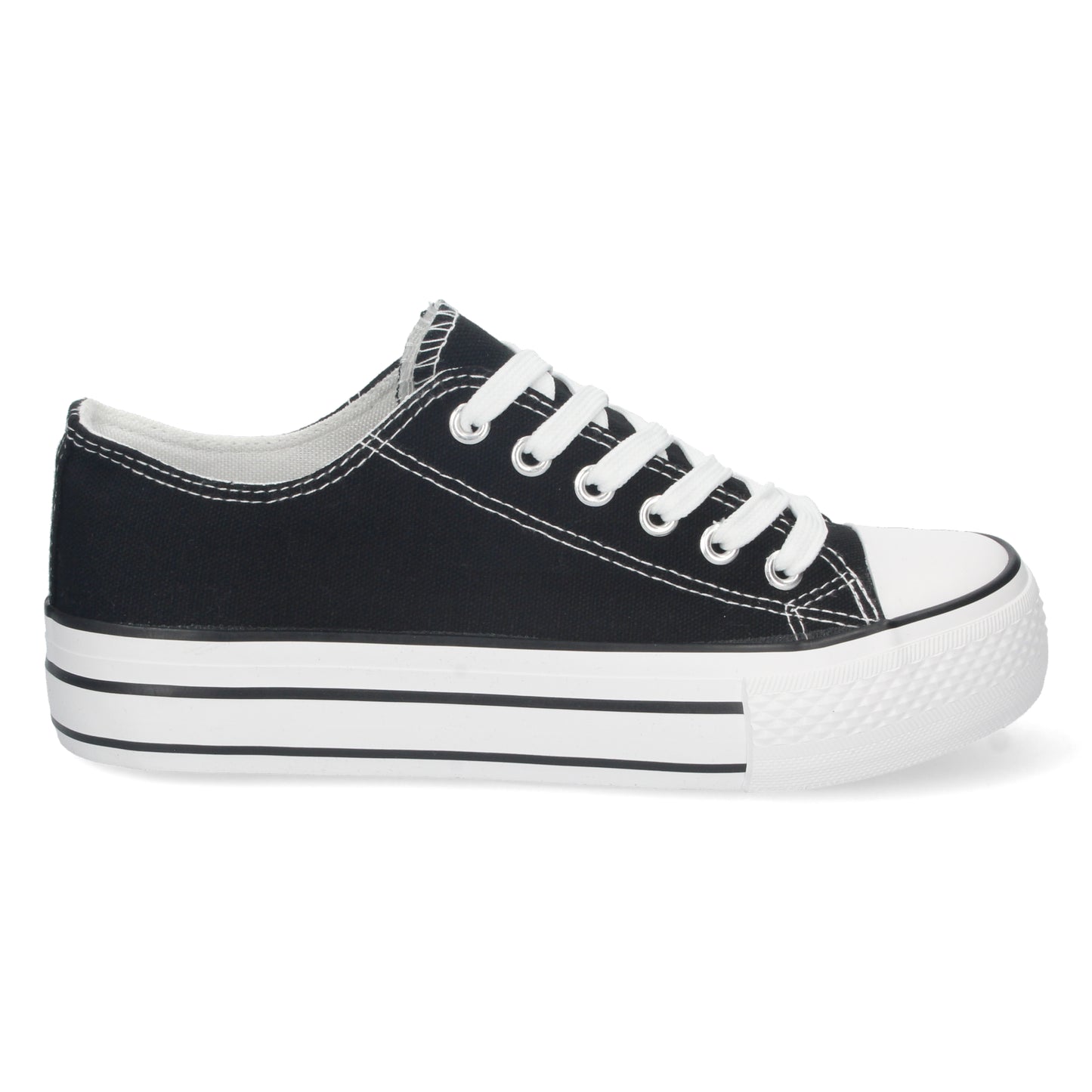 Cyrena Black Bamba – Zapatilla Negra Plana para Mujer, Doble Suela, Estilo Bamba Casual con Material de Lona y Cierre de Cordones | Primavera-Verano