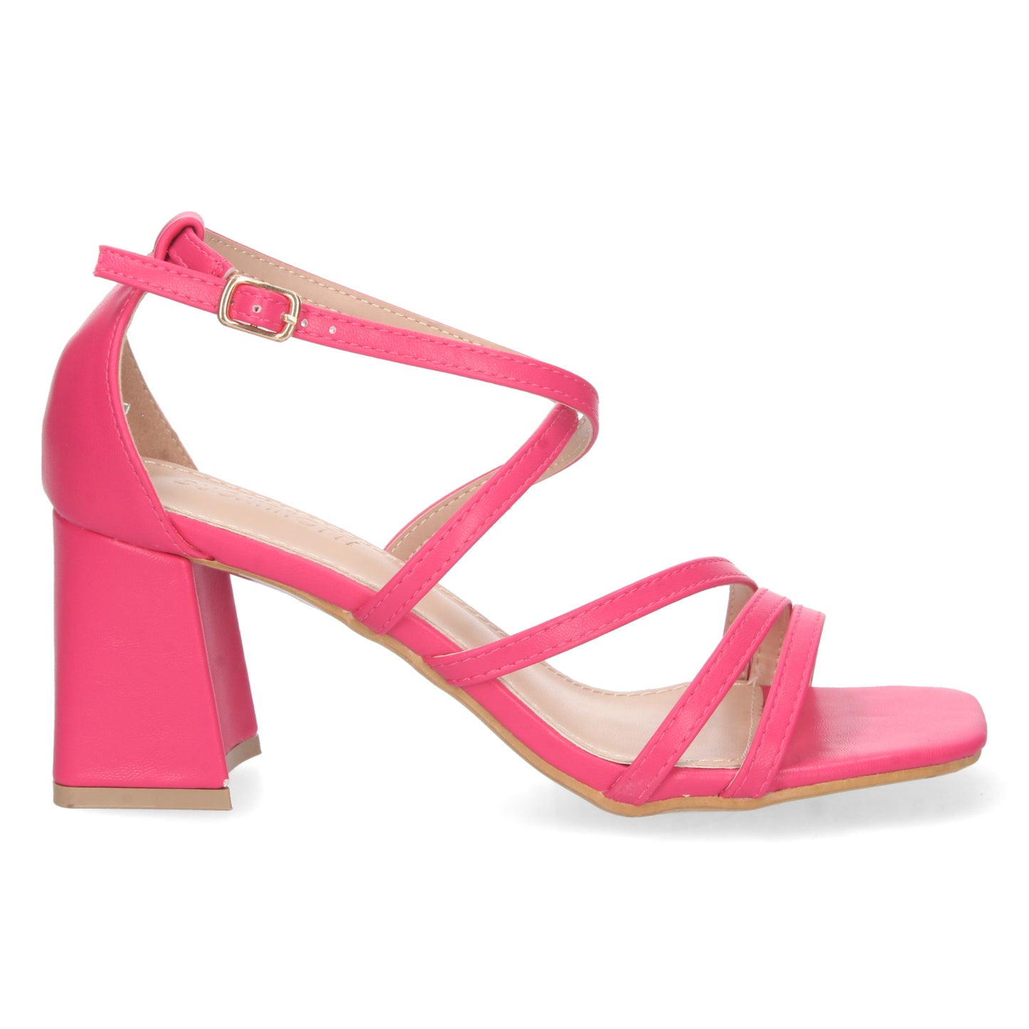 Cyrena Timeless – Sandalia fucsia de Tacón con Palas Finas Cruzadas y Cierre de Hebilla