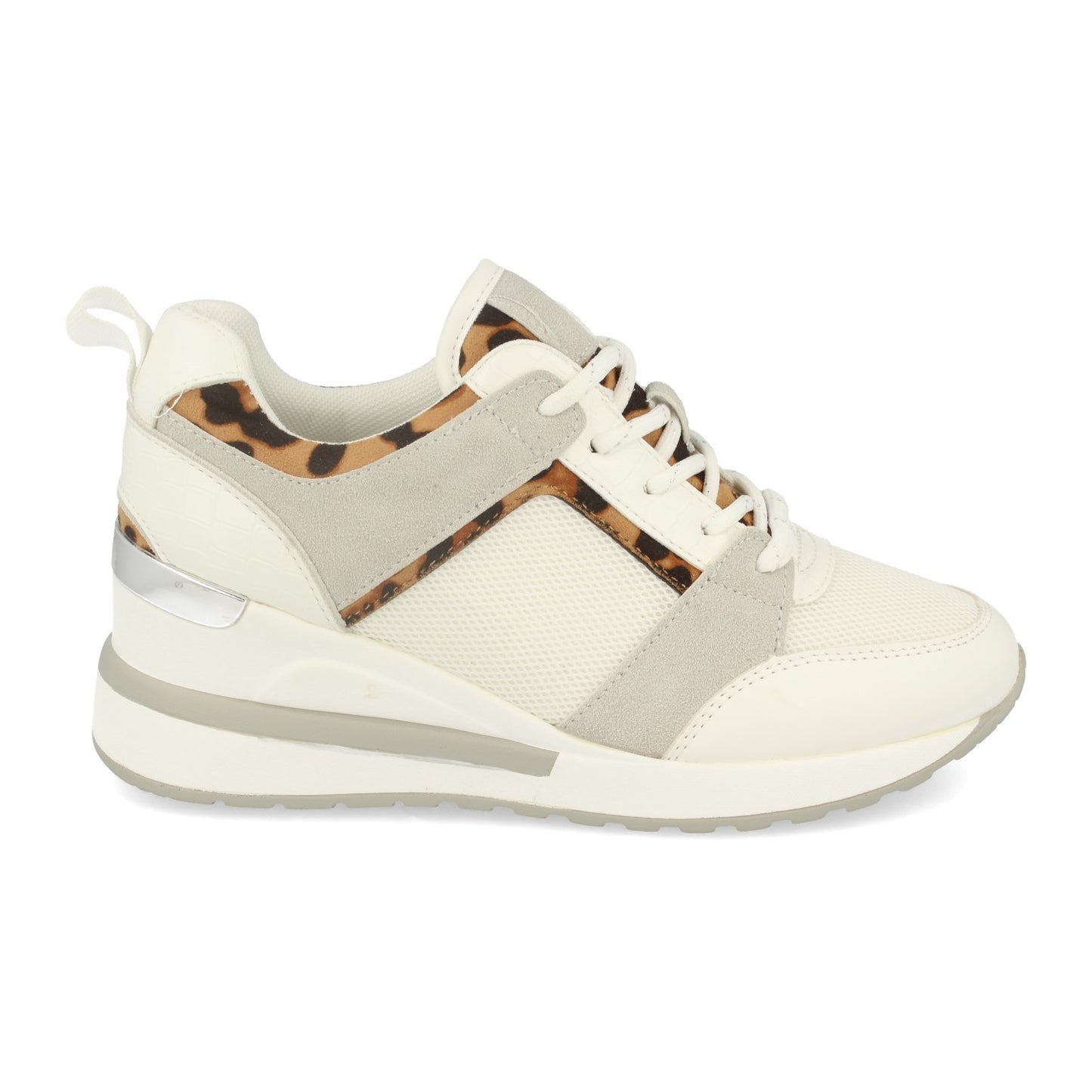 Cyrena White Leopard Wedge – Zapatillas Blancas de Mujer con Cuña, Estampado de Leopardo y Cierre de Cordones | Primavera-Verano