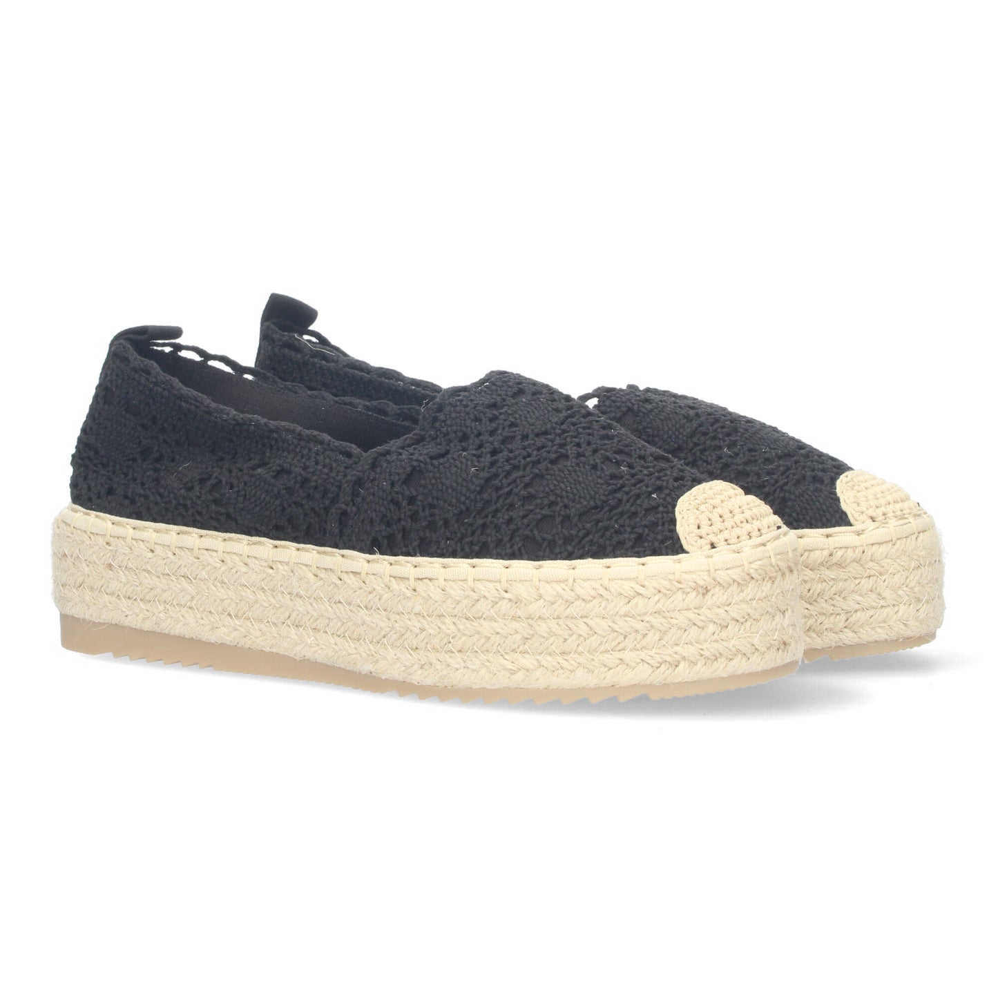 Cyrena Black Lace – Alpargatas Negras de Encaje con Suela de Yute y Puntera Reforzada