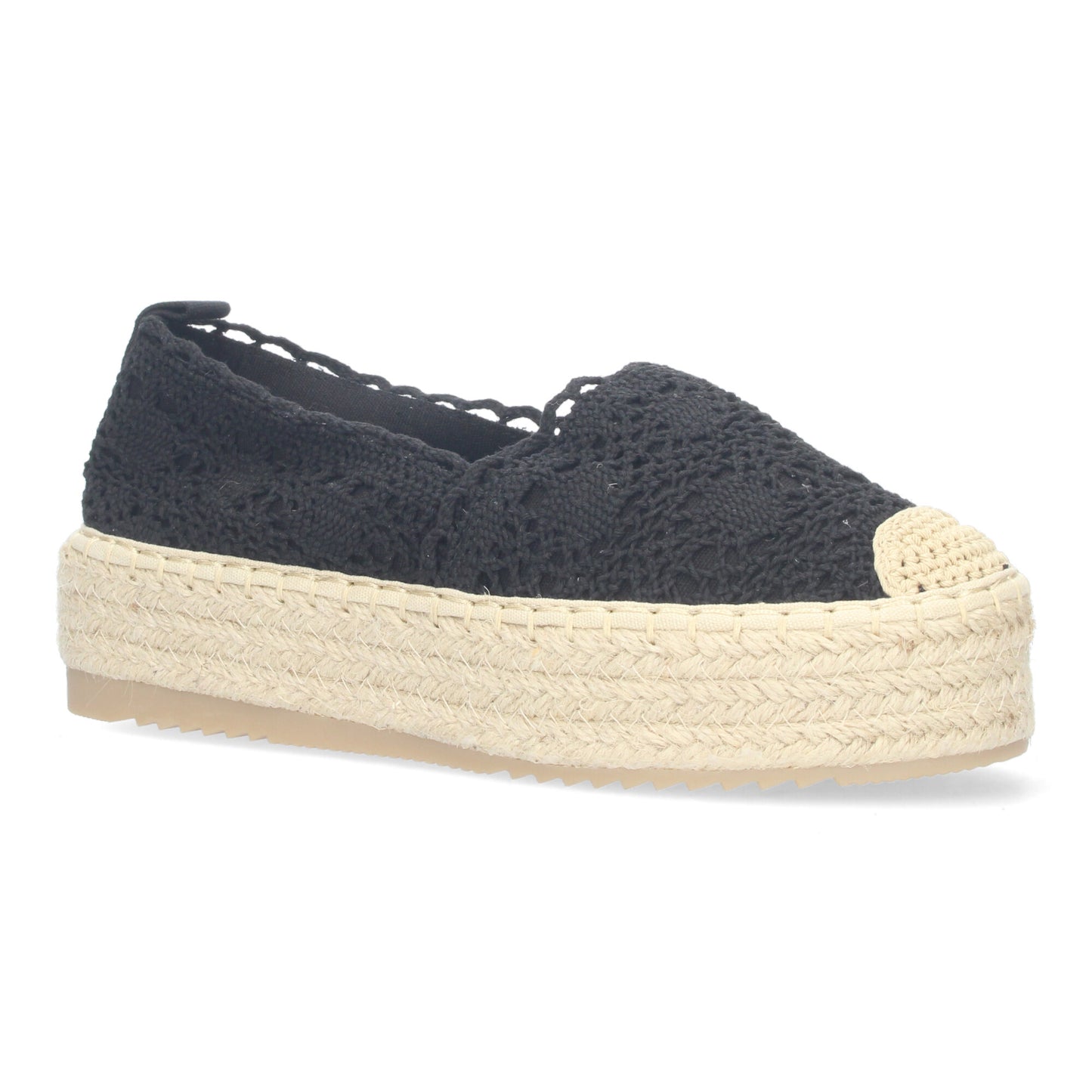 Cyrena Black Lace – Alpargatas Negras de Encaje con Suela de Yute y Puntera Reforzada