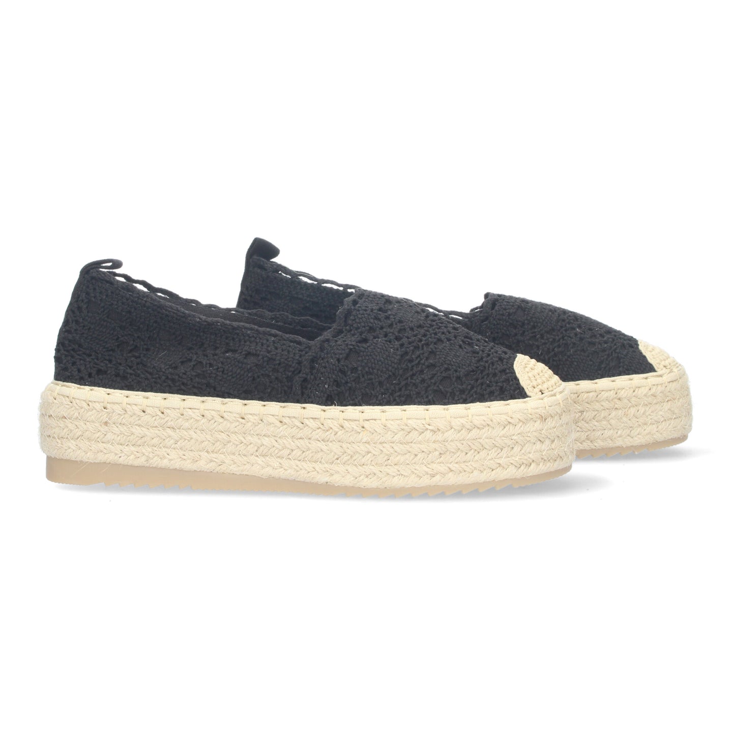 Cyrena Black Lace – Alpargatas Negras de Encaje con Suela de Yute y Puntera Reforzada