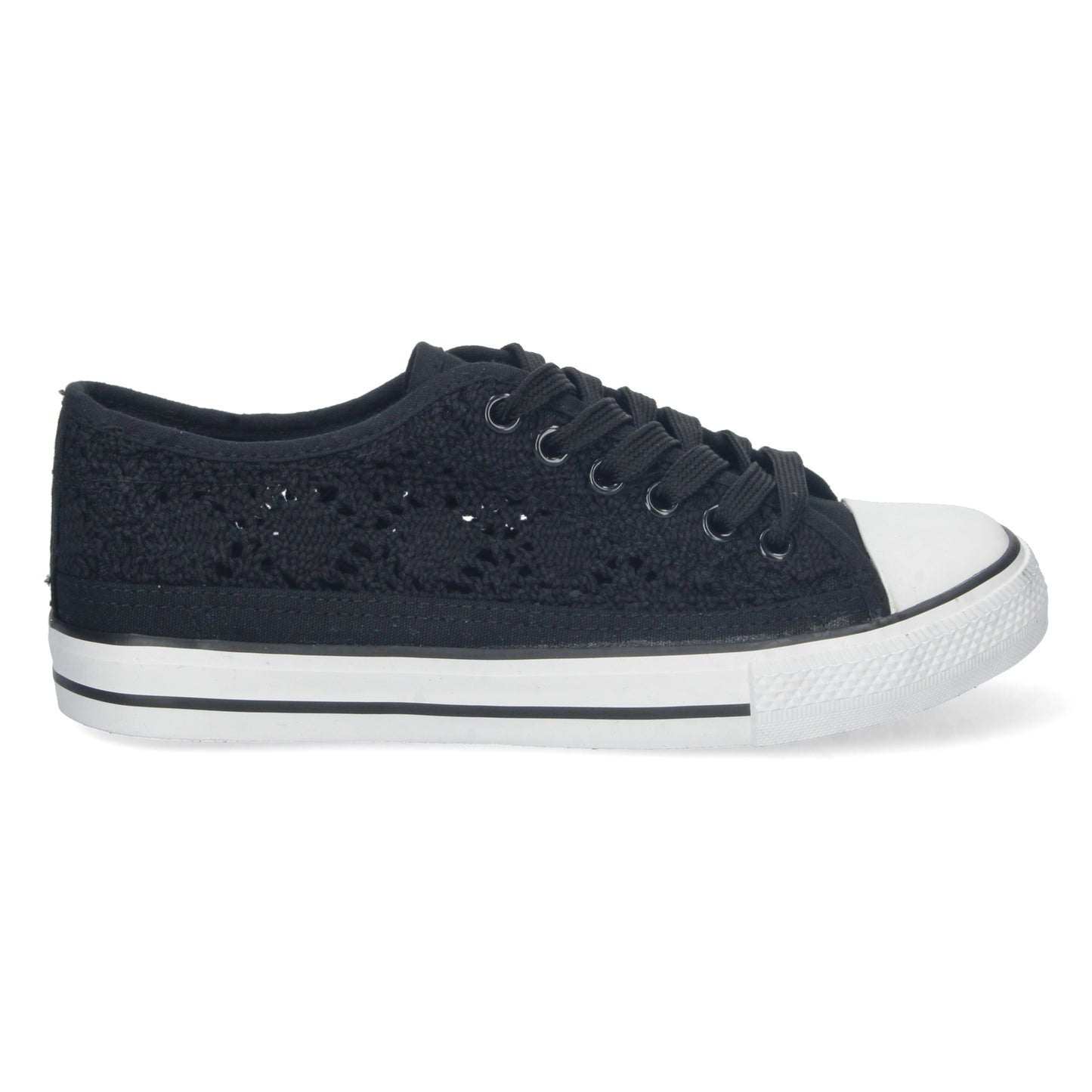 Cyrena Black Bamba – Zapatilla Negra Plana para Mujer, Cómoda con Material Bordado y Calado Transpirable y Cierre de Cordones