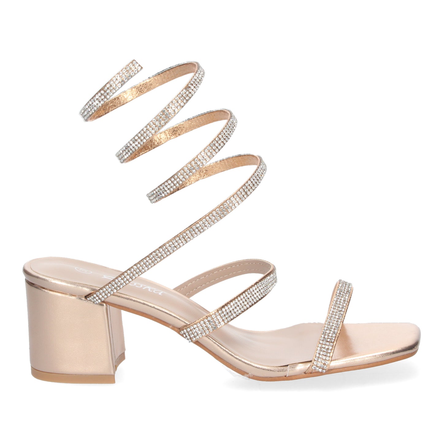 Cyrena Champagne Glow – Sandalia Champán Brillante de Tacón Ancho con Adornos Elegantes y Correas al Tobillo