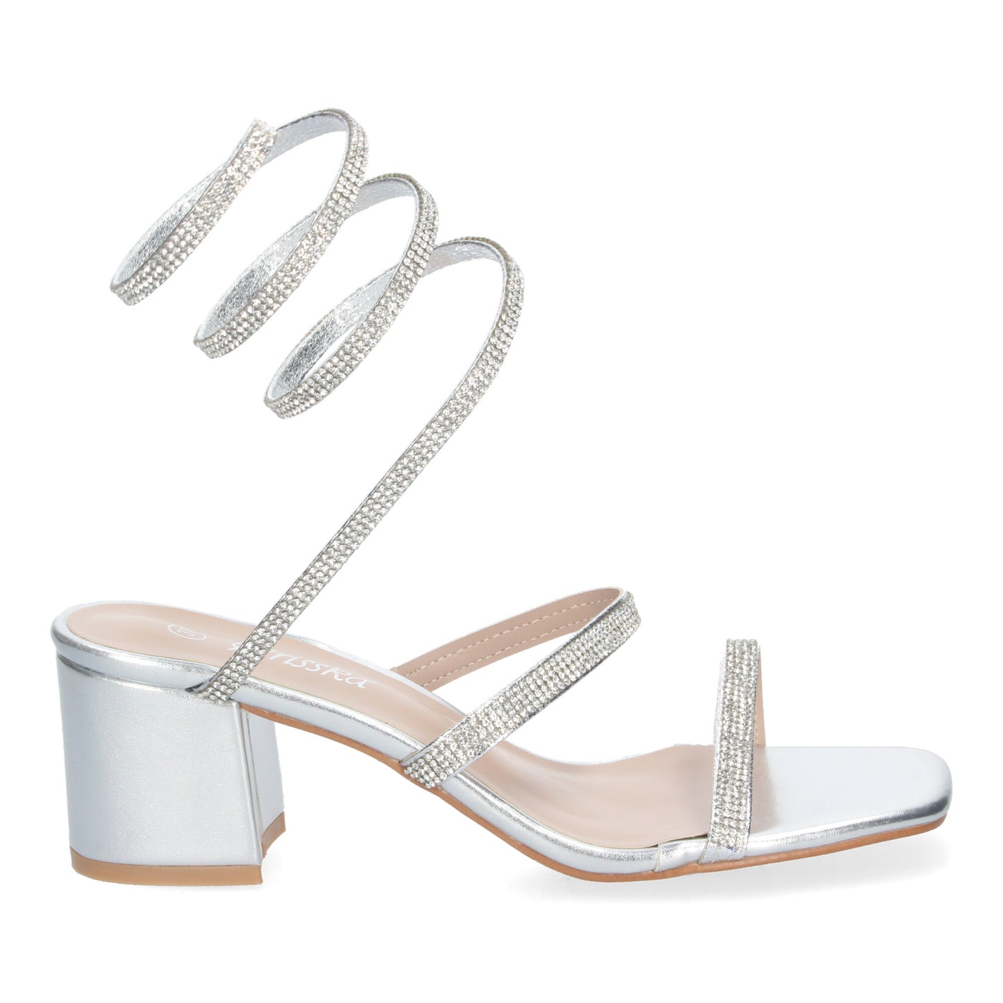 Cyrena Silver Shine – Sandalias Plateadas para Mujer con Tacón Ancho y Brillos
