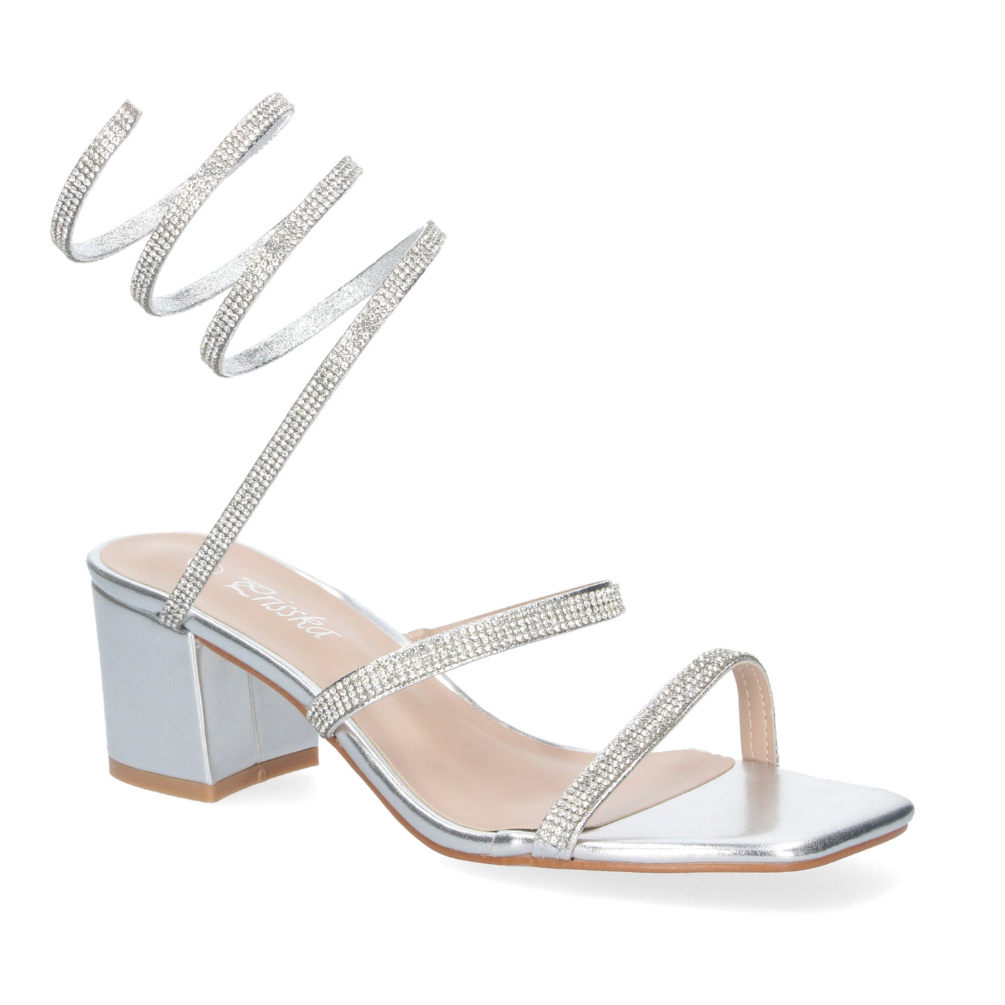 Cyrena Silver Shine – Sandalias Plateadas para Mujer con Tacón Ancho y Brillos