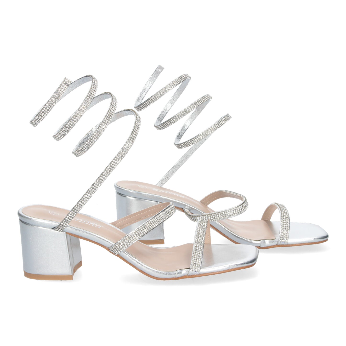 Cyrena Silver Shine – Sandalias Plateadas para Mujer con Tacón Ancho y Brillos