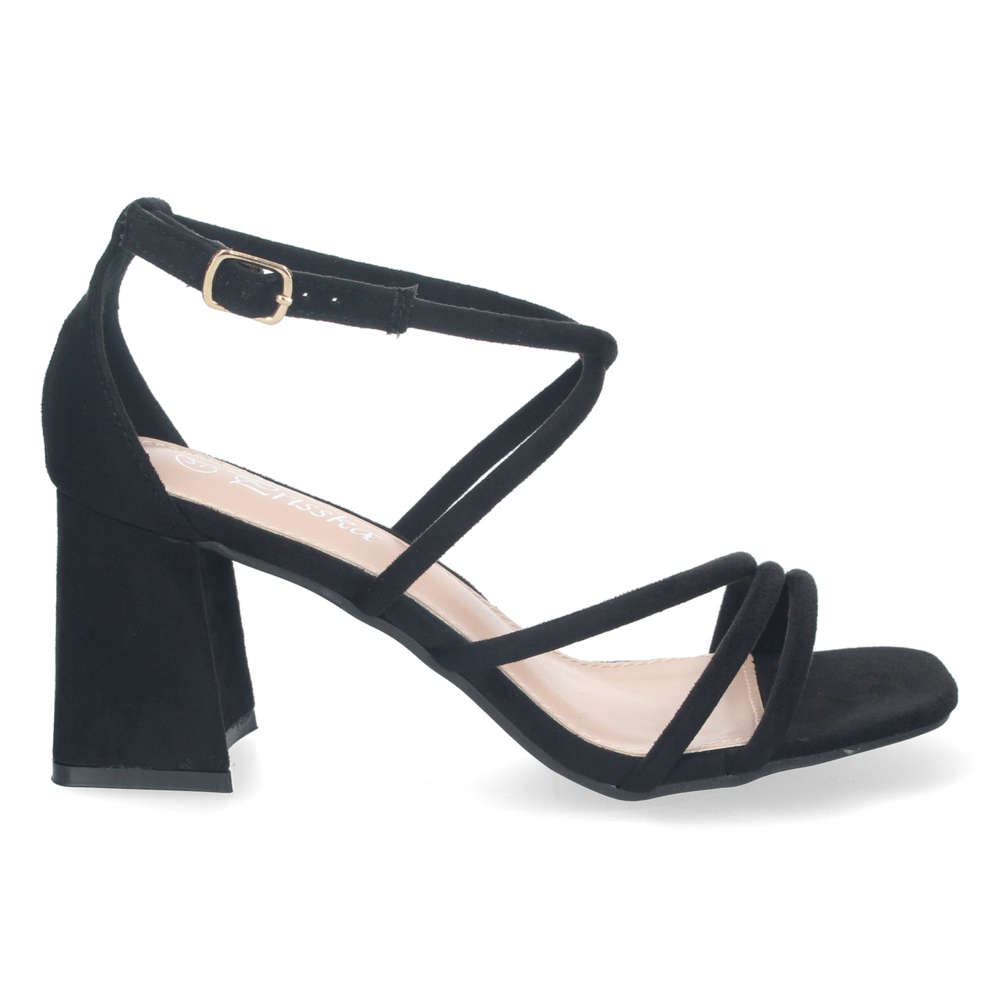 Cyrena Lidya Black – Sandalias Negras de Tacón con Tiras Cruzadas y Cierre de Hebilla