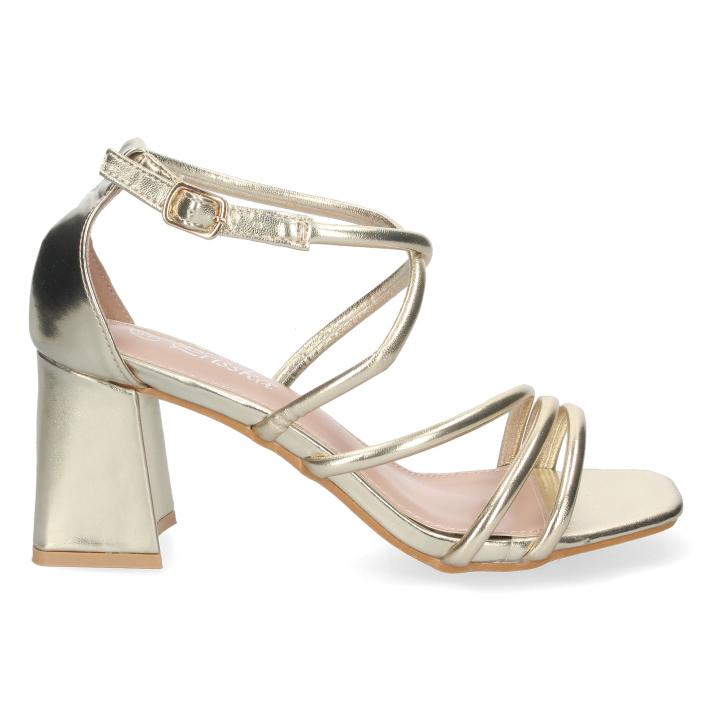 Cyrena Gold Glam – Sandalia de Tacón Oro con Tiras Cruzadas y Cierre de Hebilla