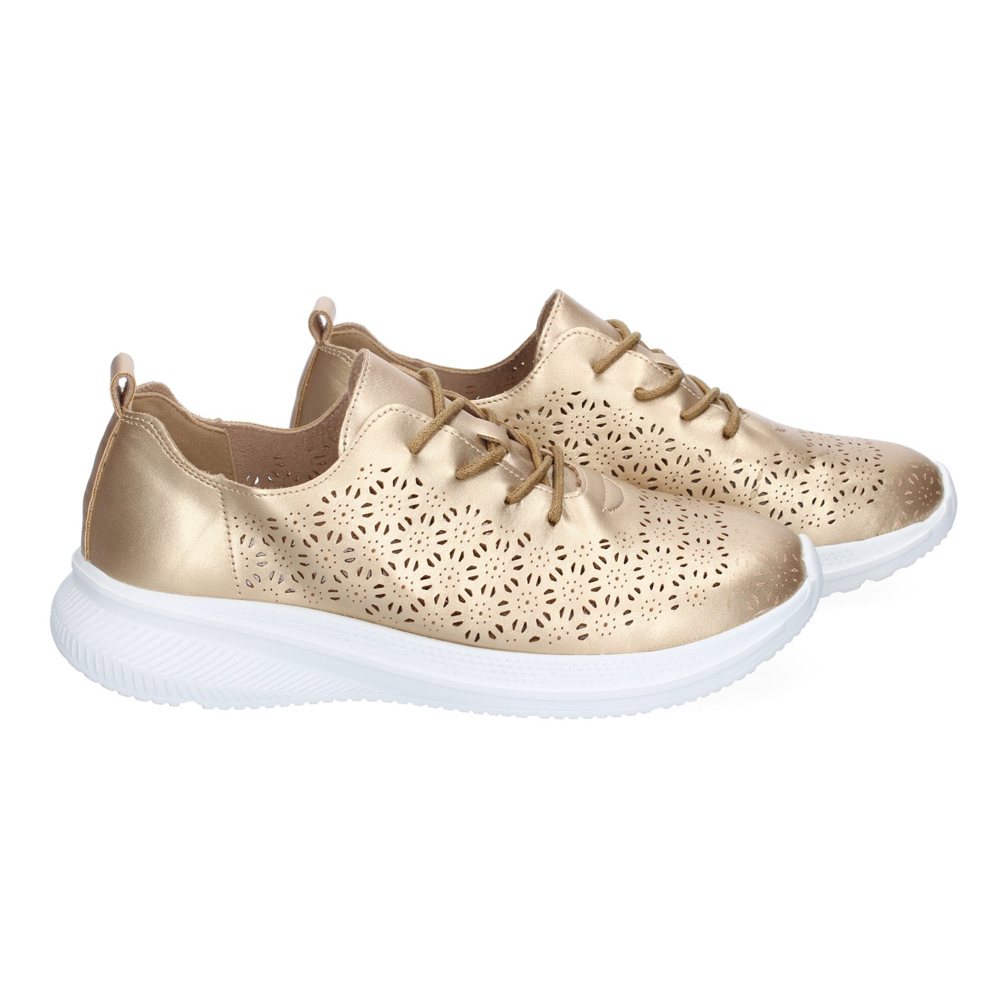 Cyrena Gold Sport – Zapatilla Deportiva Oro para Mujer, Diseño Calado Moderno y Elegante con Cierre de Cordoneras | Casual Día a Día