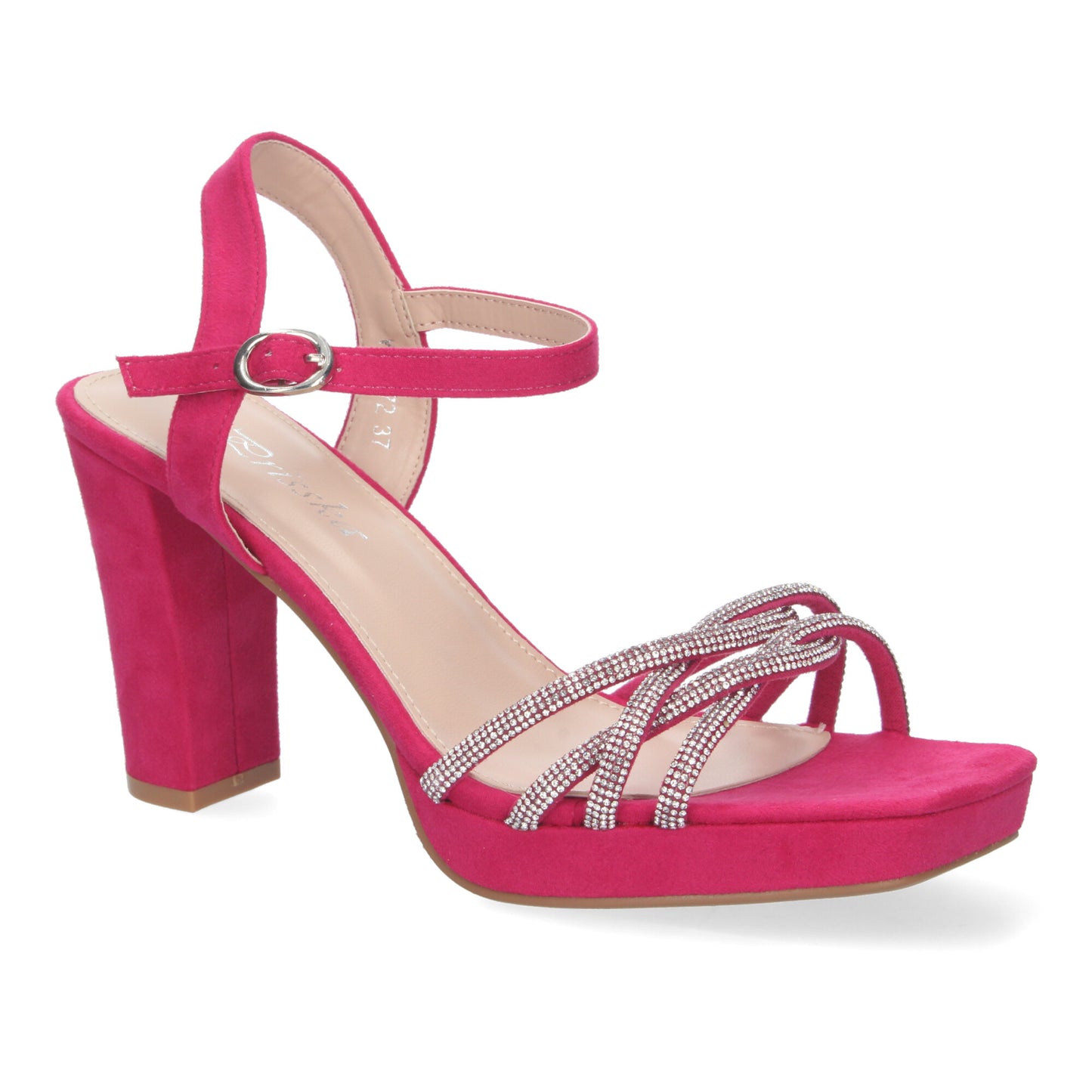 Cyrena Fuchsia Glam – Sandalias Fucsia de Fiesta con Tacón, Adornos Brillantes y Cierre de Hebilla