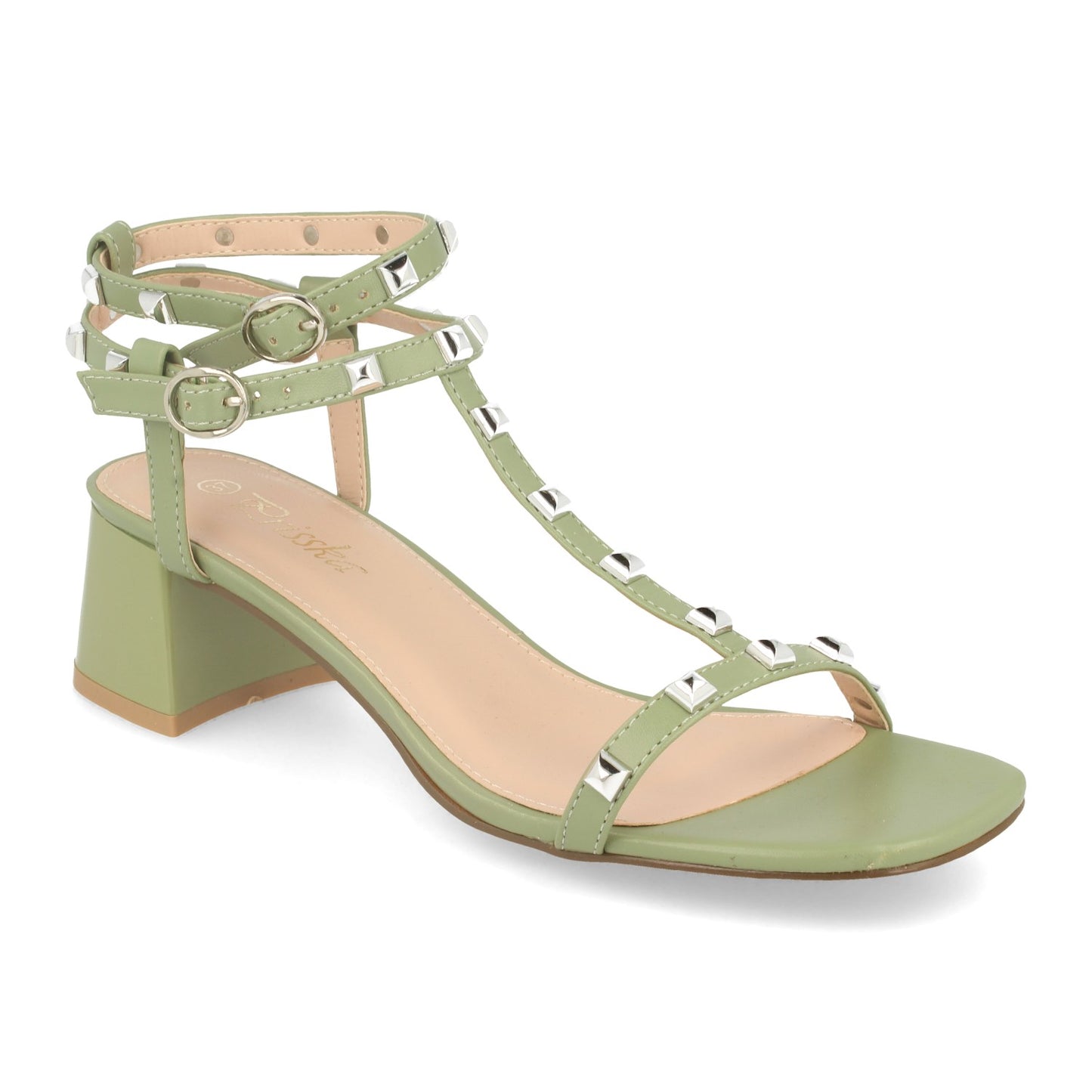 Cyrena Green Edge – Sandalia Verde de Tacón con Correa en T, Tachuelas Cuadradas y Talón Abierto