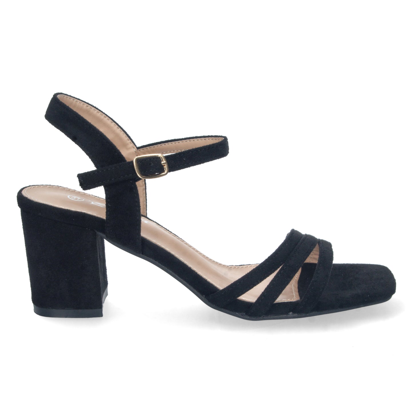 Cyrena Black Chic – Sandalia Negra de Tacón con Palas Finas, Talón Abierto y Cierre de Hebilla