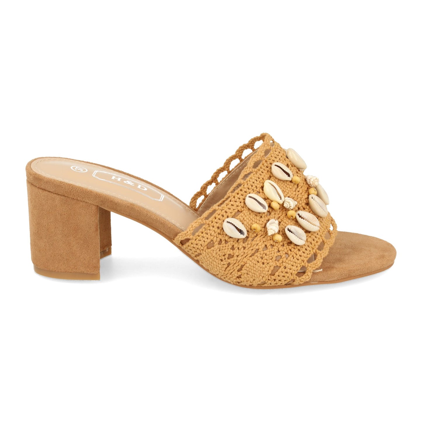 Cyrena Dune Chic – Sandalia Camel de Tacón para Mujer Adornada con Conchas y Talón Abierto