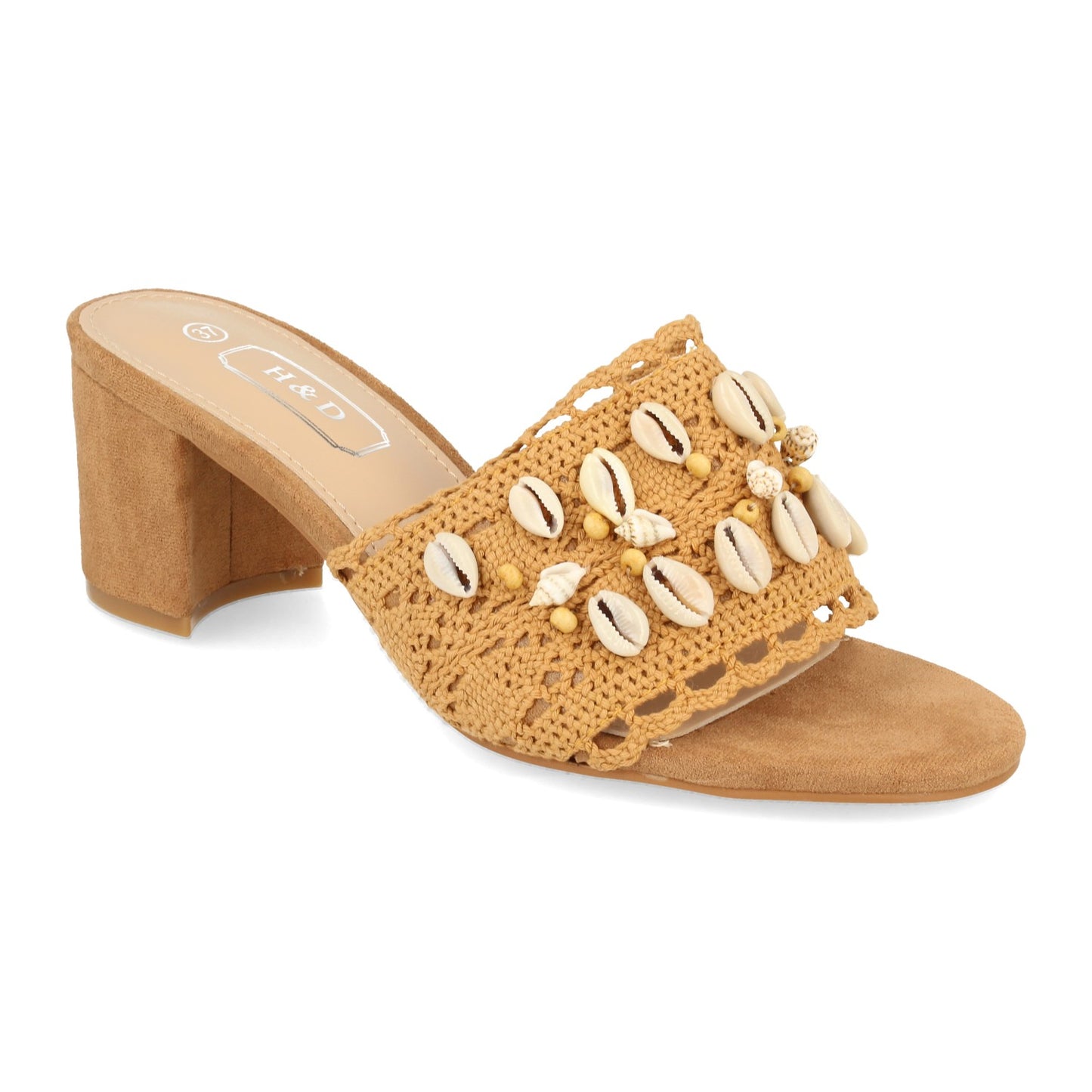 Cyrena Dune Chic – Sandalia Camel de Tacón para Mujer Adornada con Conchas y Talón Abierto