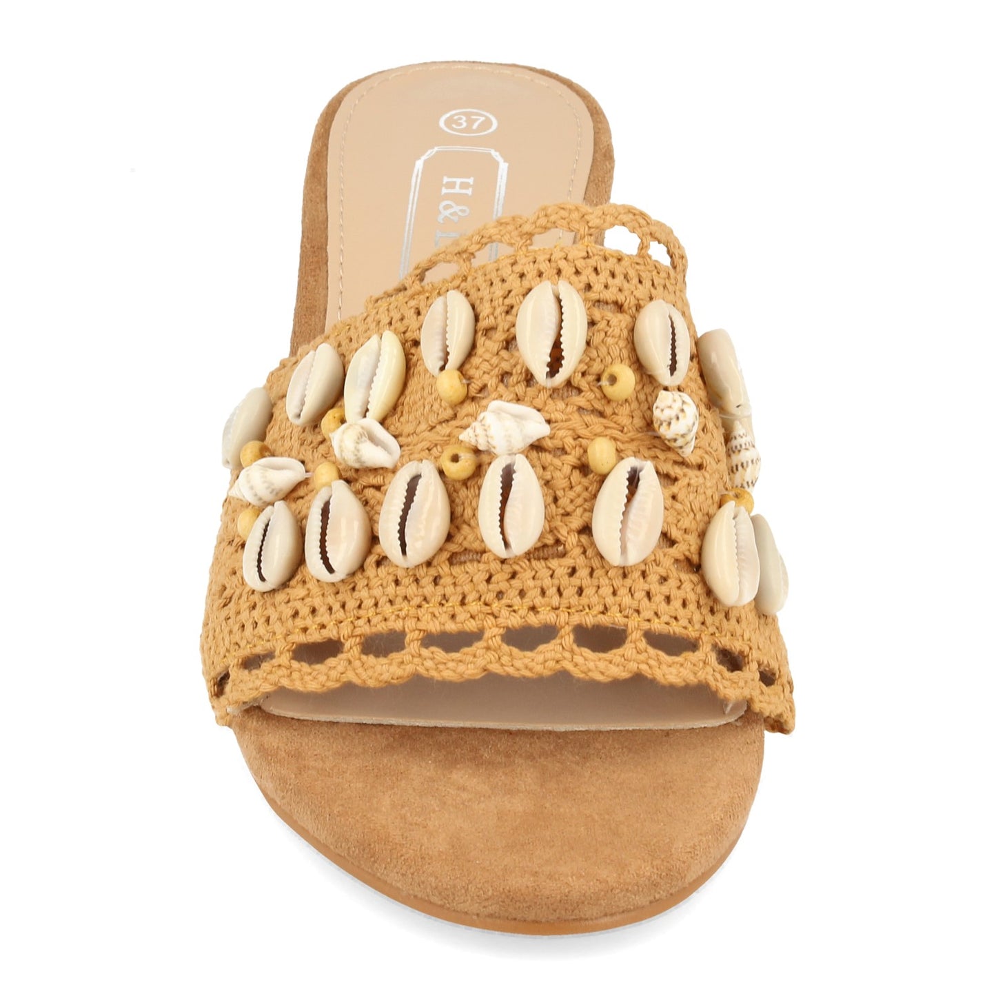 Cyrena Dune Chic – Sandalia Camel de Tacón para Mujer Adornada con Conchas y Talón Abierto