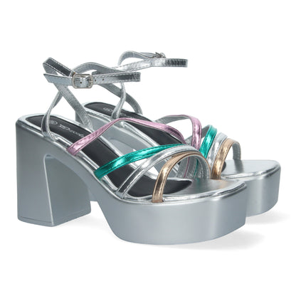Cyrena Ibiza Vibes – Sandalias Plateadas de Tacón Multicolor para Mujer
