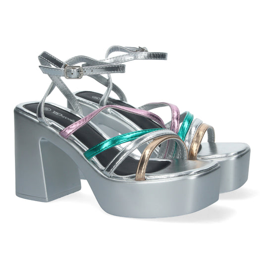 Cyrena Ibiza Vibes – Sandalias Plateadas de Tacón Multicolor para Mujer