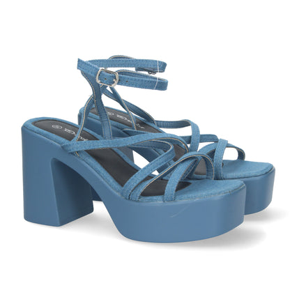 Cyrena Denim Luxe – Sandalias Jeans de Plataforma con Tiras Entrelazadas y Cierre de Hebilla