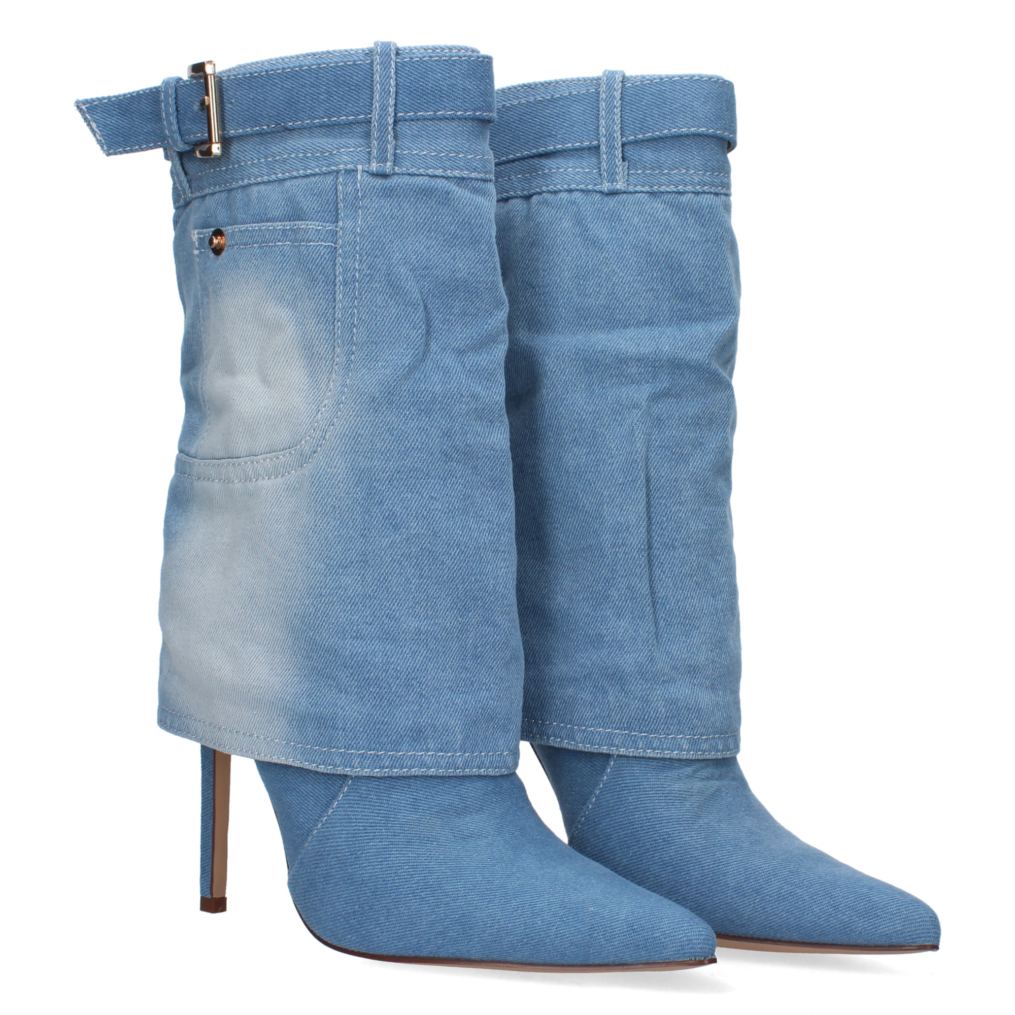 Bota de Tacón para Mujer con Punta Fina, Cremallera y Hebilla en Tela Vaquera