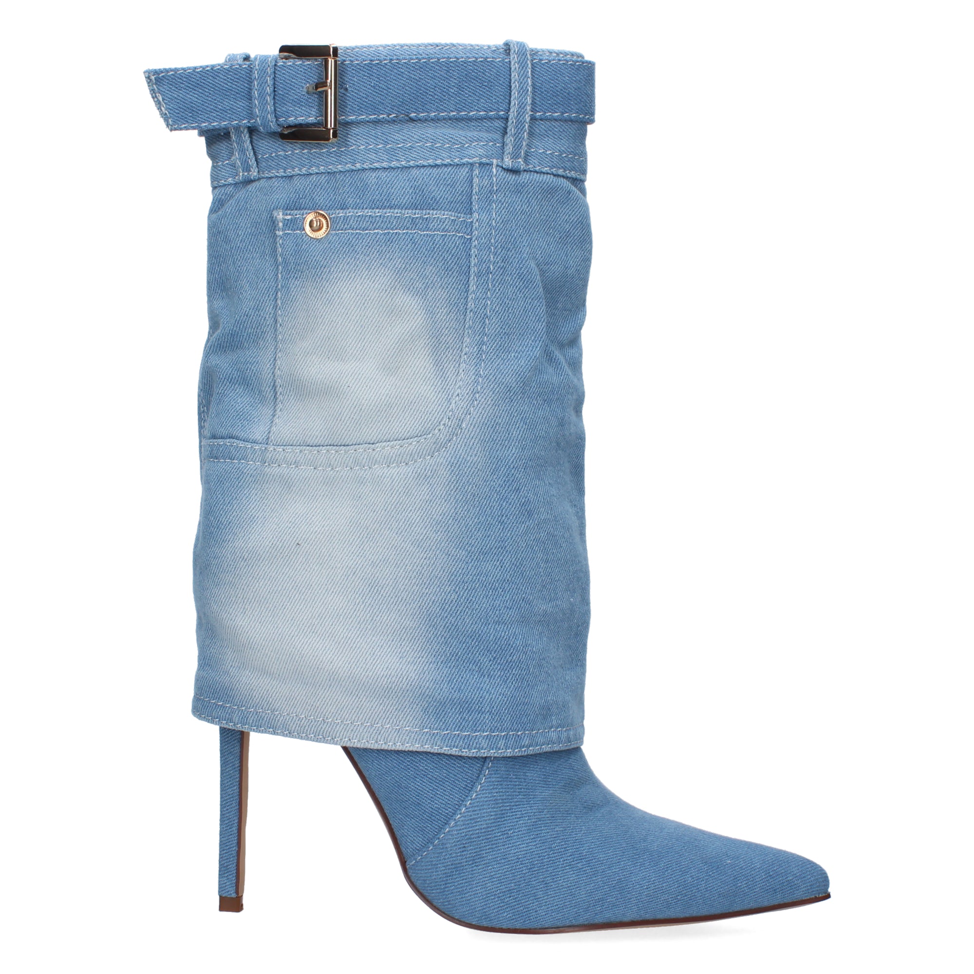 Bota de Tacón para Mujer con Punta Fina, Cremallera y Hebilla en Tela Vaquera