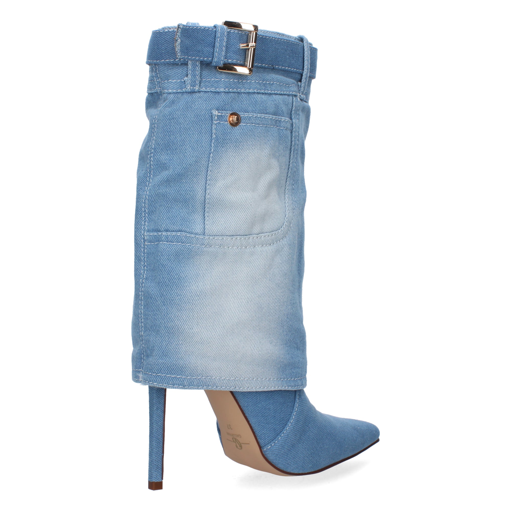 Bota de Tacón para Mujer con Punta Fina, Cremallera y Hebilla en Tela Vaquera