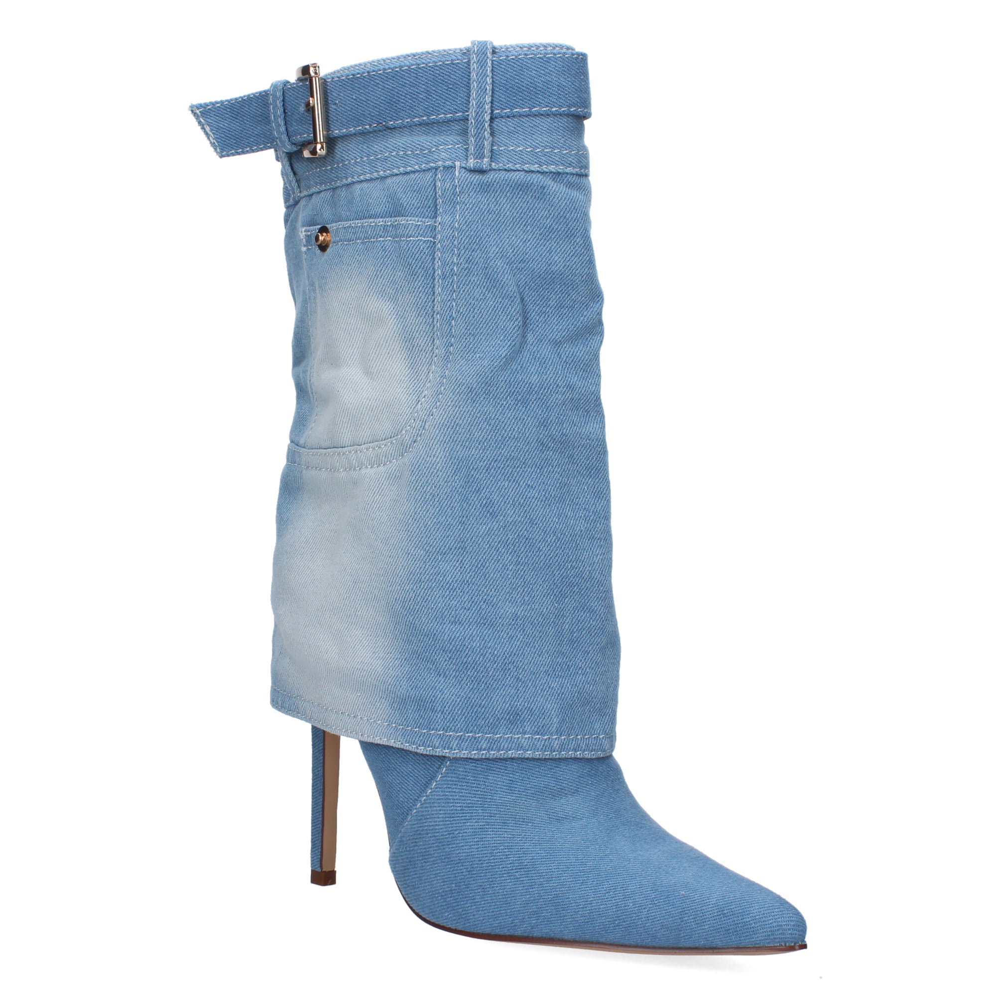 Bota de Tacón para Mujer con Punta Fina, Cremallera y Hebilla en Tela Vaquera