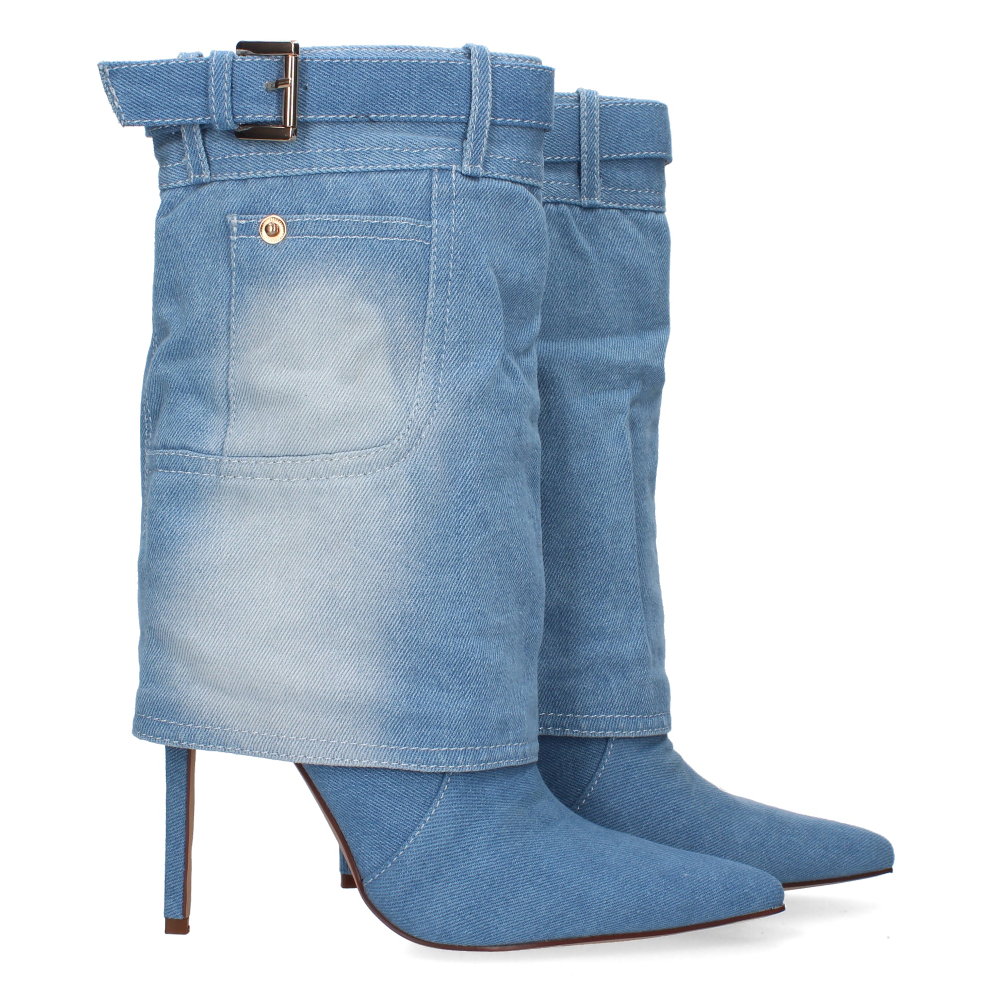 Bota de Tacón para Mujer con Punta Fina, Cremallera y Hebilla en Tela Vaquera