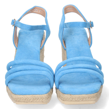 CyrenaStyle Blue Breeze – Sandalia Azul Celeste de Cuña para Mujer con Triple Pala, Yute Natural y Hebilla | Primavera-Verano