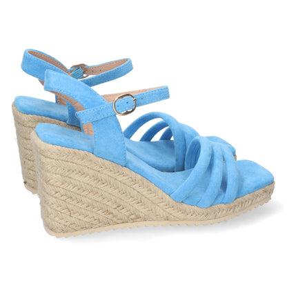CyrenaStyle Blue Breeze – Sandalia Azul Celeste de Cuña para Mujer con Triple Pala, Yute Natural y Hebilla | Primavera-Verano