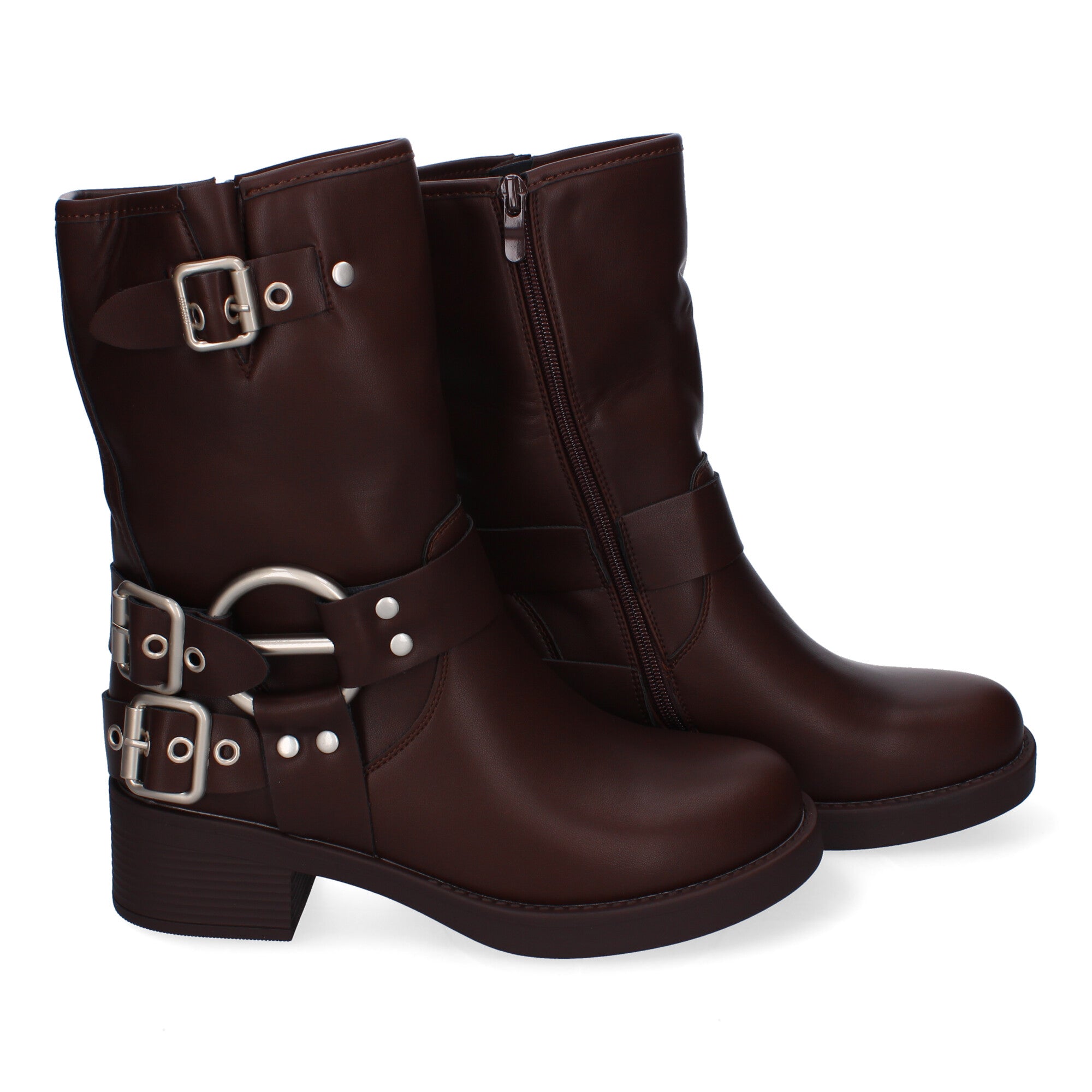 Botines Moteros de Mujer Cómodos y Elegantes con Hebillas y Cremallera Lateral Otoño-Invierno